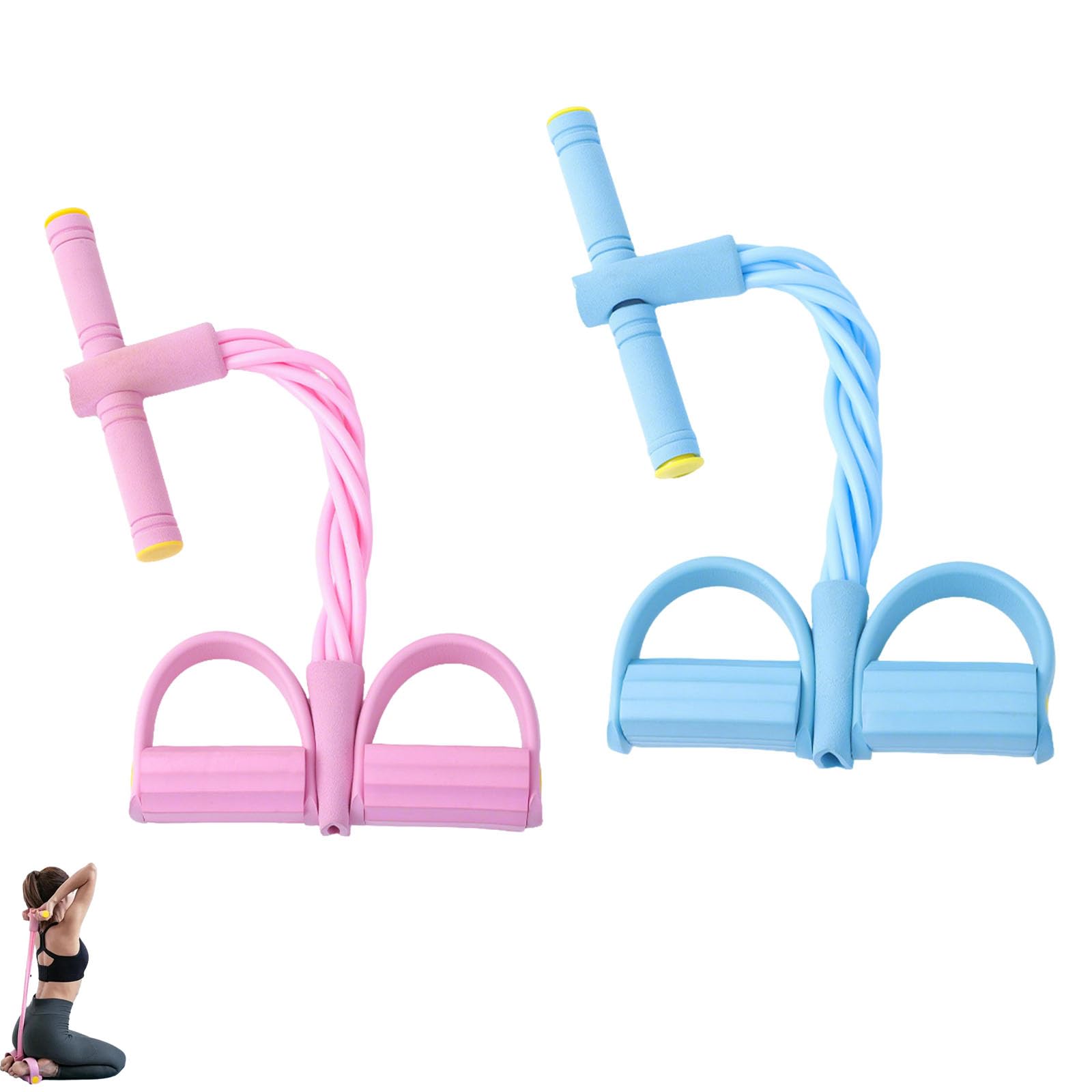 Foot Anchor & Ab Roller with Resistance Bands, Foot Resistance Bands, Pedal Resistance Band, 6 Tube Pedal Ankle Puller, Sit up Rope for Women (Pink+Blue)