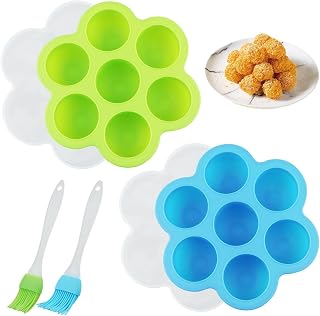 Silicone Air Fryer Egg Bite Mold, 2 Pcs Reusable Pan With Lid + 2 Oil Brushes - Non-Stick Air Fryer Accessories for Cupcakes and Egg Bites