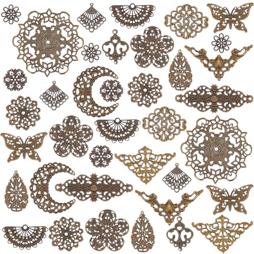 PH PandaHall 150pcs Antique Filigree Pendants 15 Style Tibetan Pendent
