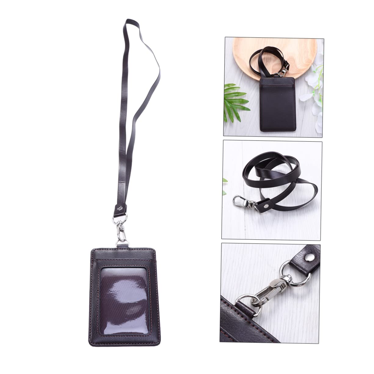 SHINEOFI 3pezzi Porta Badge Verticale Pelle Con Laccetto Staccabile e Clip Girevole Elegante Custodia Per Tessere e Documenti Caffè