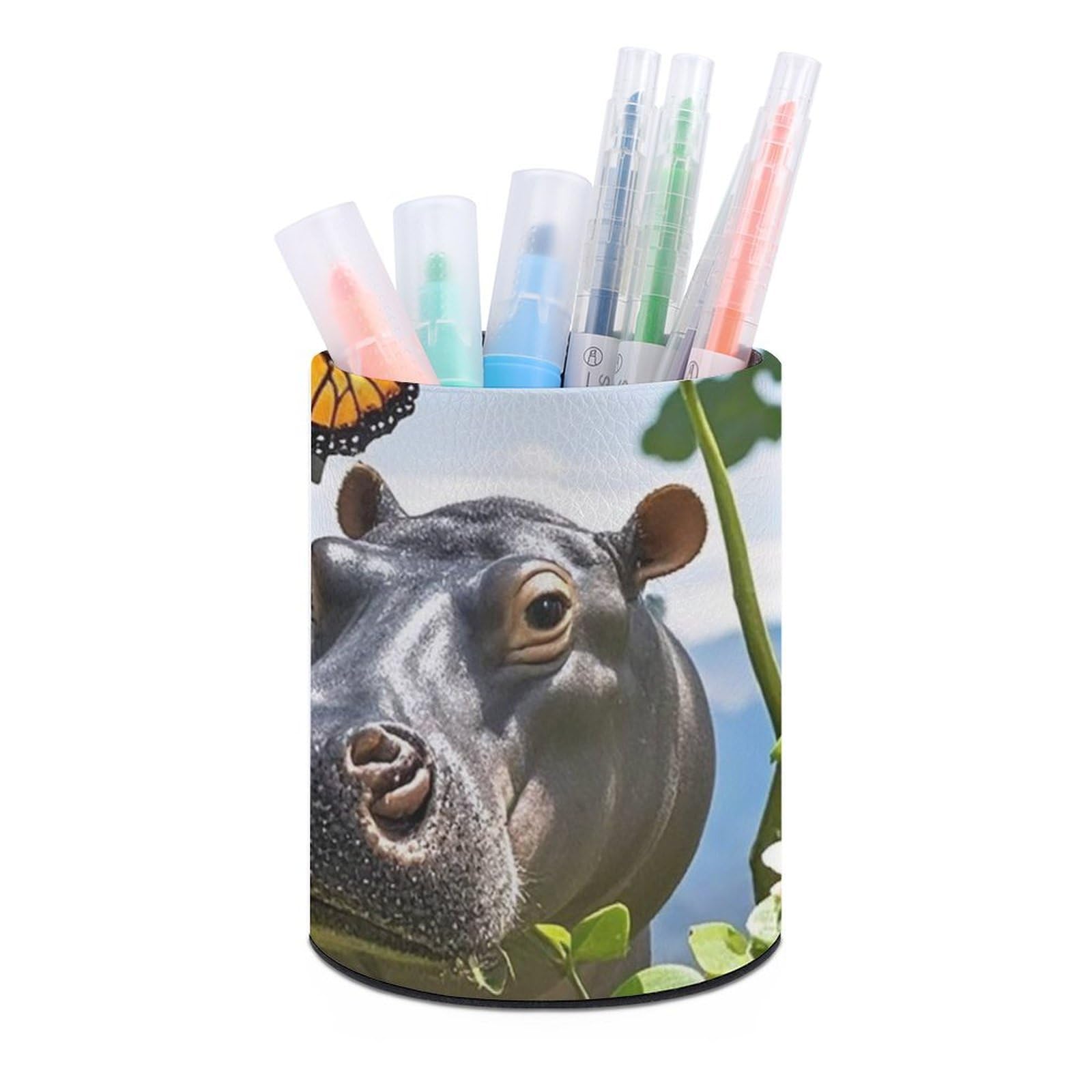 FekiLoot PU Leather Round Pen Holder Butterfly And Hippo Pencil Holder Desk Organizer Pen Organizer Pen Cup Pencil Cup Caddy Desktop Stationery Organizers for Office Home Supplies