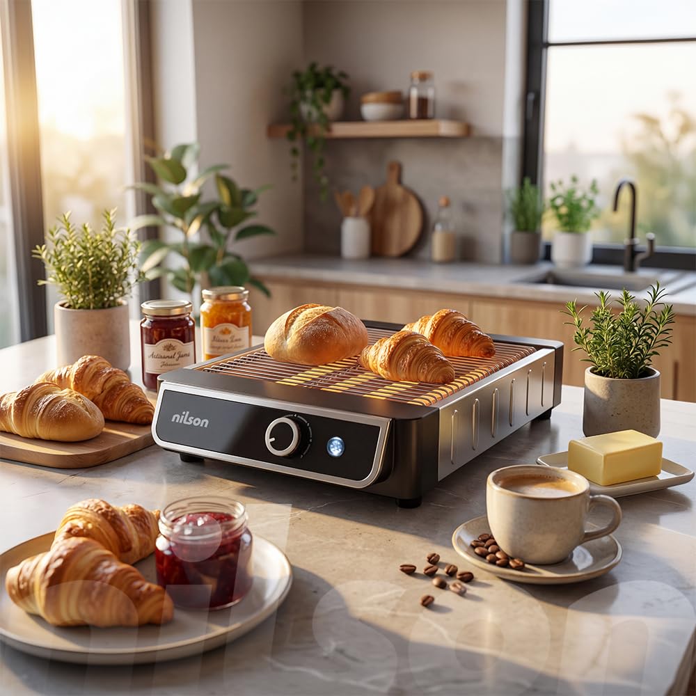 Tostador Plano de Pan, Horizontal, 1000 W, 6 Niveles de Tostado, Control Manual, Temporizador Digital, Tuesta y Cancela, Bandeja Recogemigas, Fácil Limpieza, NTS1000FL4, Cable 75 cm, Inox