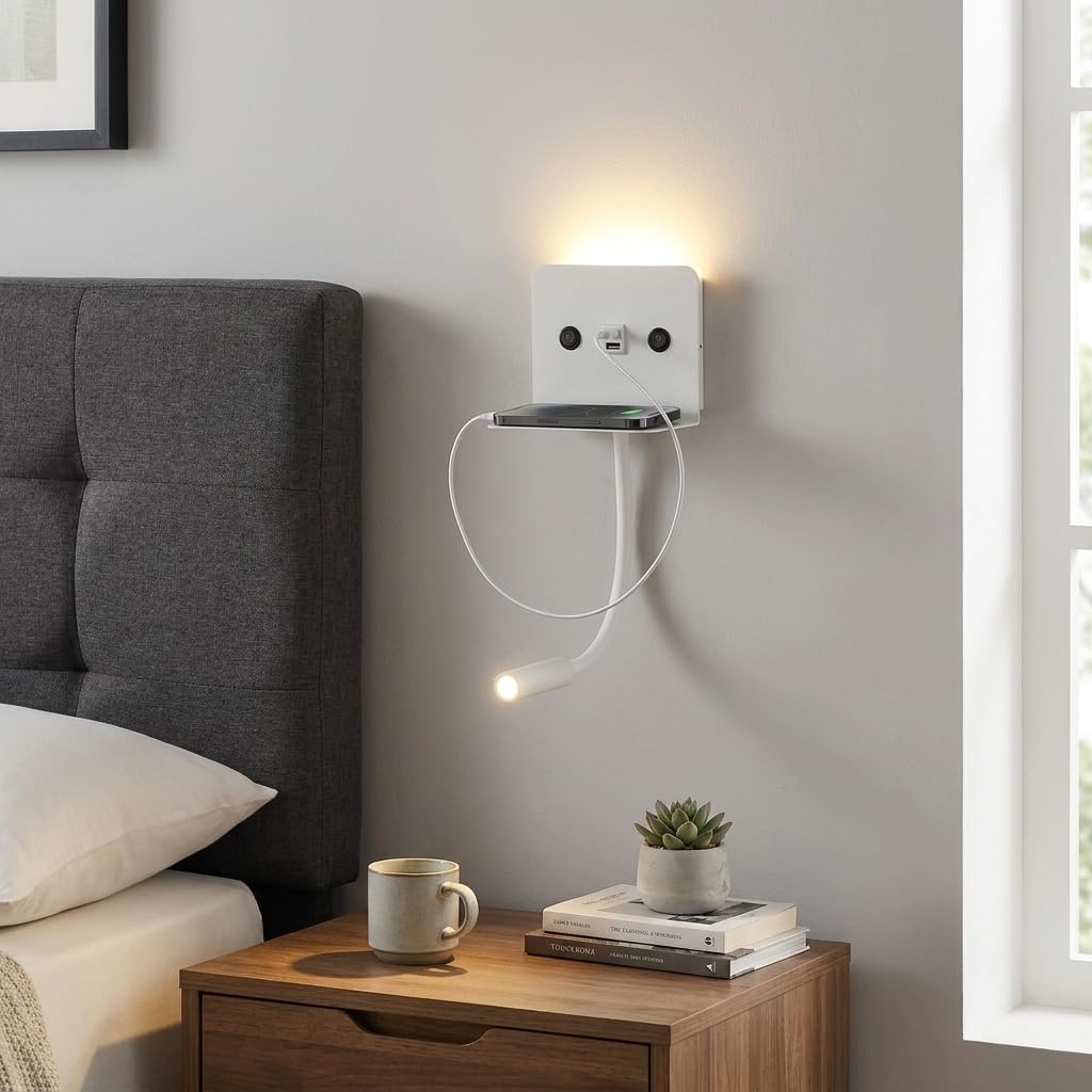 BARCELONA LED Aplique Pared LED Blanco Cabecero Cama con USB y USB-C, Lámpara Lectura Flexo Orientable 3W + Luz Ambiente 6W 3000K, Estante Integrado, Doble Interruptor, Estilo Nórdico Minimalista