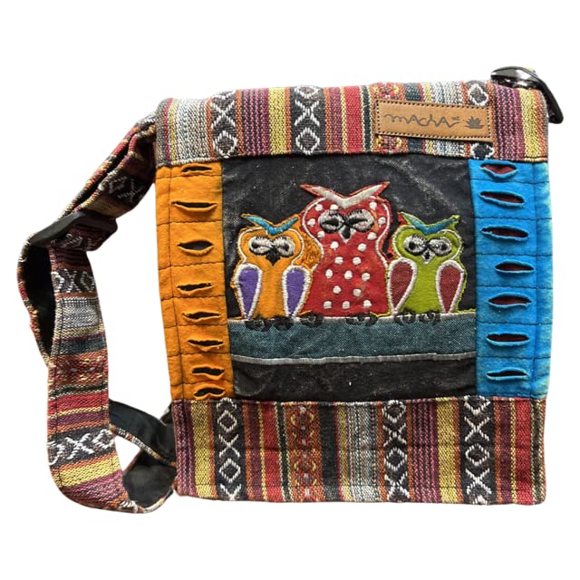 Macha Sac à Bandoulière motif Hibou Rabat Délavé style Ethnique indien pour femme style hippie boho (Noir)