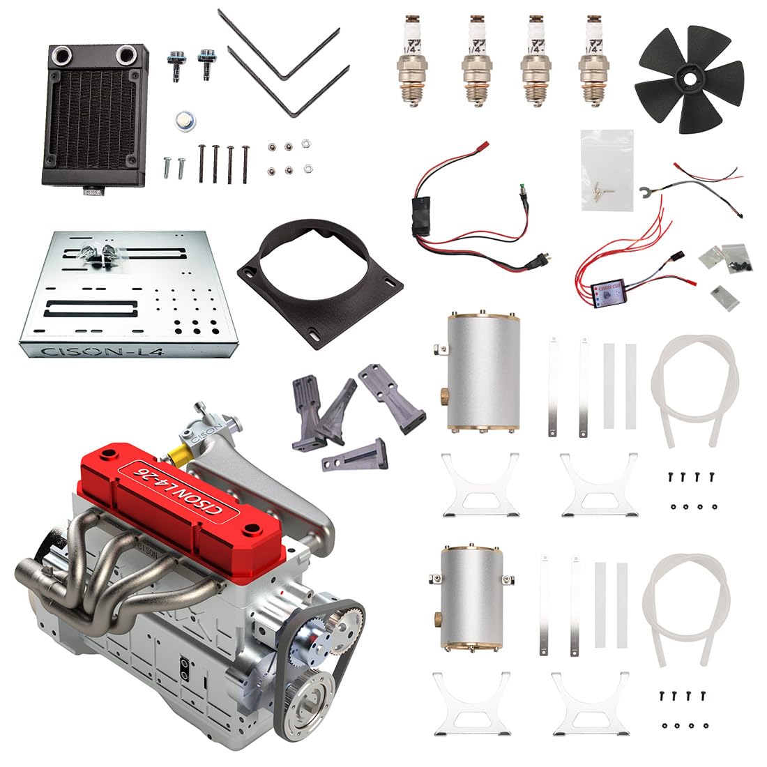 Brickaro L4 – DIY-Motor-Bausatz, Miniatur-OHV-Reihen-4-Zylinder-Viertakt-Wasserkühlmotor als Modell für die RC-Car-Sammlung (Bausatzversion)