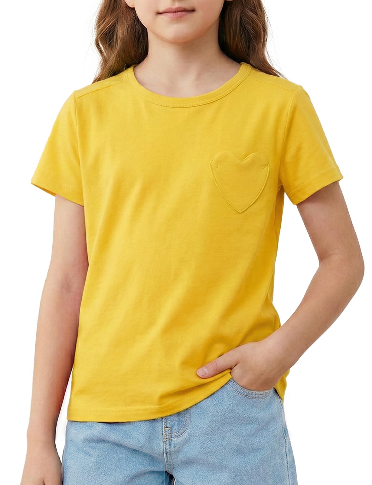 Spring&Gege Camisetas de manga corta para niña, algodón, cuello redondo, camiseta deportiva, informal, bolsa de corazón, té, verano, color liso, camisetas informales