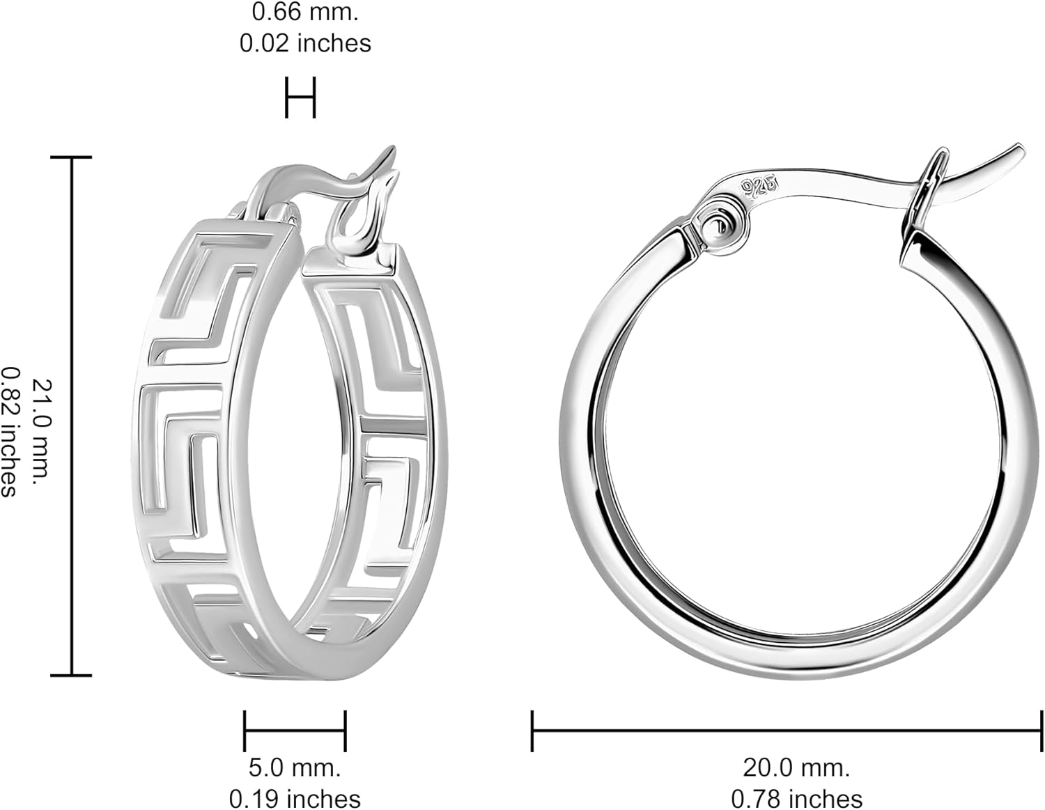 Hoops & Loops 925 Sterling Silver Greek Key Round Click-Top Hoop Earrings for Women, 15mm, 20mm | Silver, Yellow Gold, Rose Gold - Image 6