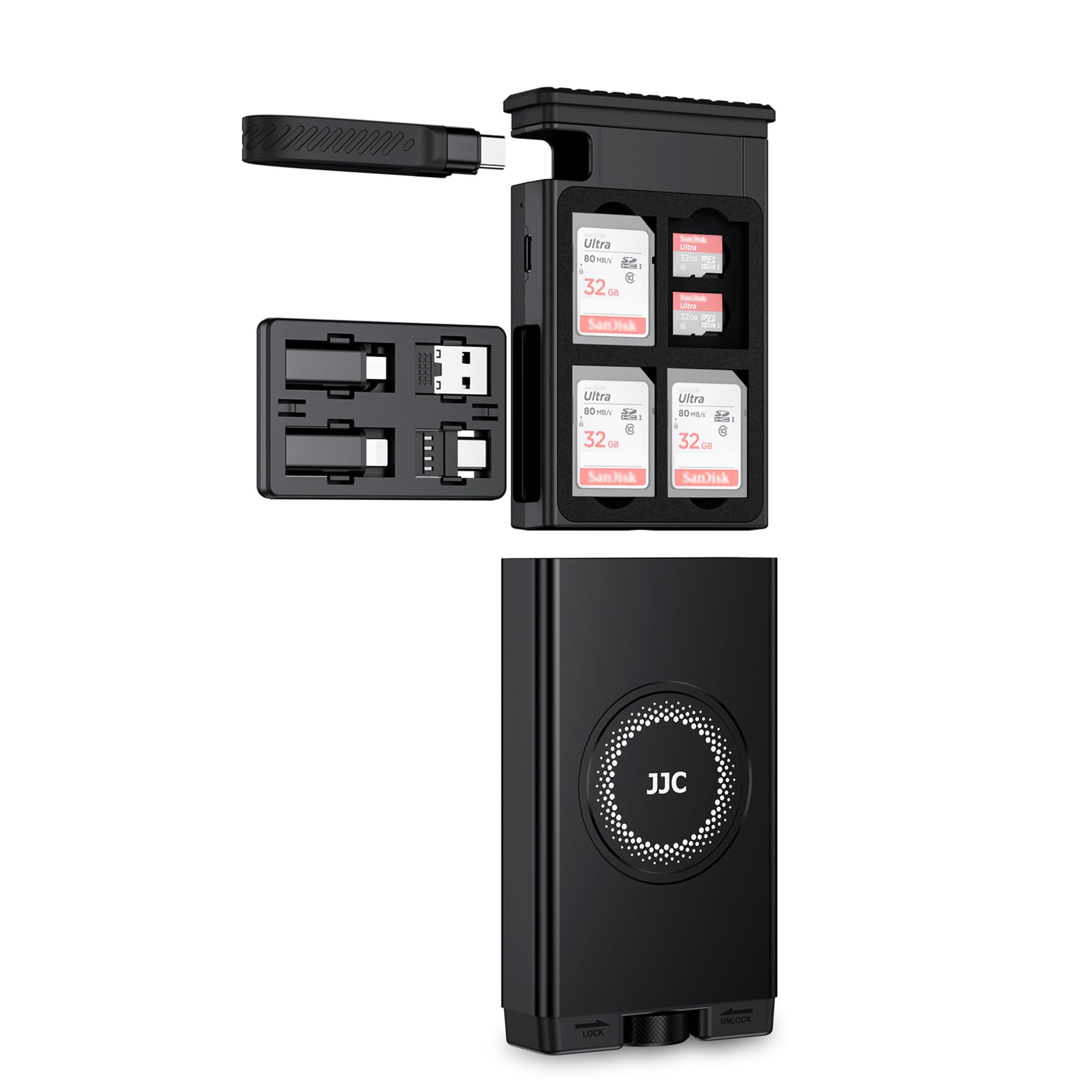 JJC Étui de Rangement pour Lecteur de Carte SD, Boîtier de Voyage pour Cartes SD MicroSD UHS-II avec Câble de Données USB 3.1 Type-C Lecteur de Carte Intégré et Adaptateur OTG USB C vers USB Lighting