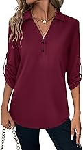 Women's 3/4 Length Rolled Sleeve Tunic Tops Collared V Neck T Shirts Summer Casual Blouses 2025