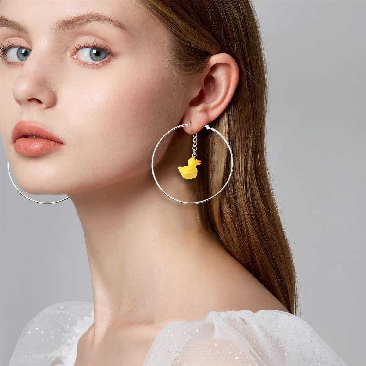 Dangle Cute Duck Big Huggie Hoop Statement Earrings for Women Yellow Resin Animal Chain Tassel Dangling Drop Earring Fashion Jewelry Gifts Birthday - Image 3