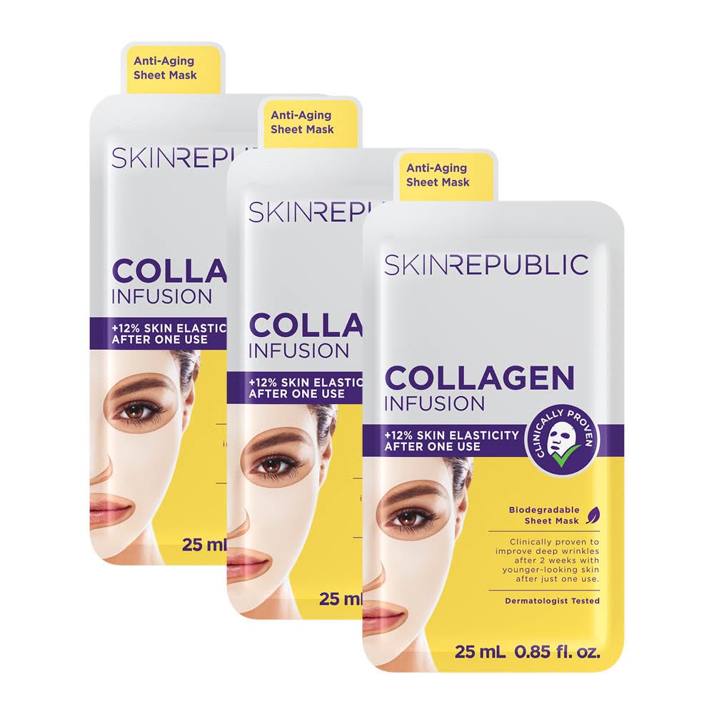 Skin Republic Collagen & Vitamin E Infusion Sheet Mask | Helps with Fine Lines & Wrinkles | For Younger-looking Skin | Made in Korea (Pack of 3)