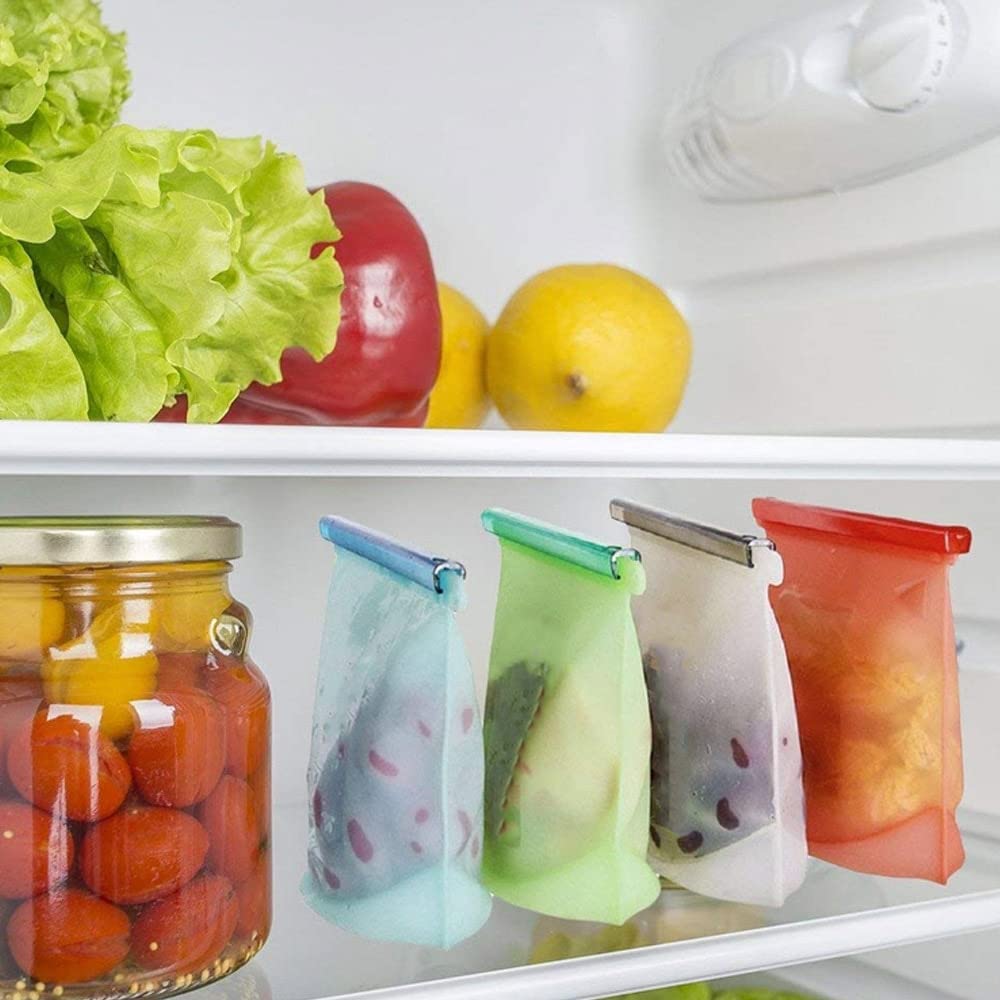 Bolsas Silicona Reutilizables 4 unids bolsa de alimentos reutilizable Snack Fruit Storage Ziplock Bag 1500ml & 1000ml Silicone Fresh Saver Bag Bolsa a prueba de fugas for la preservación del congelado