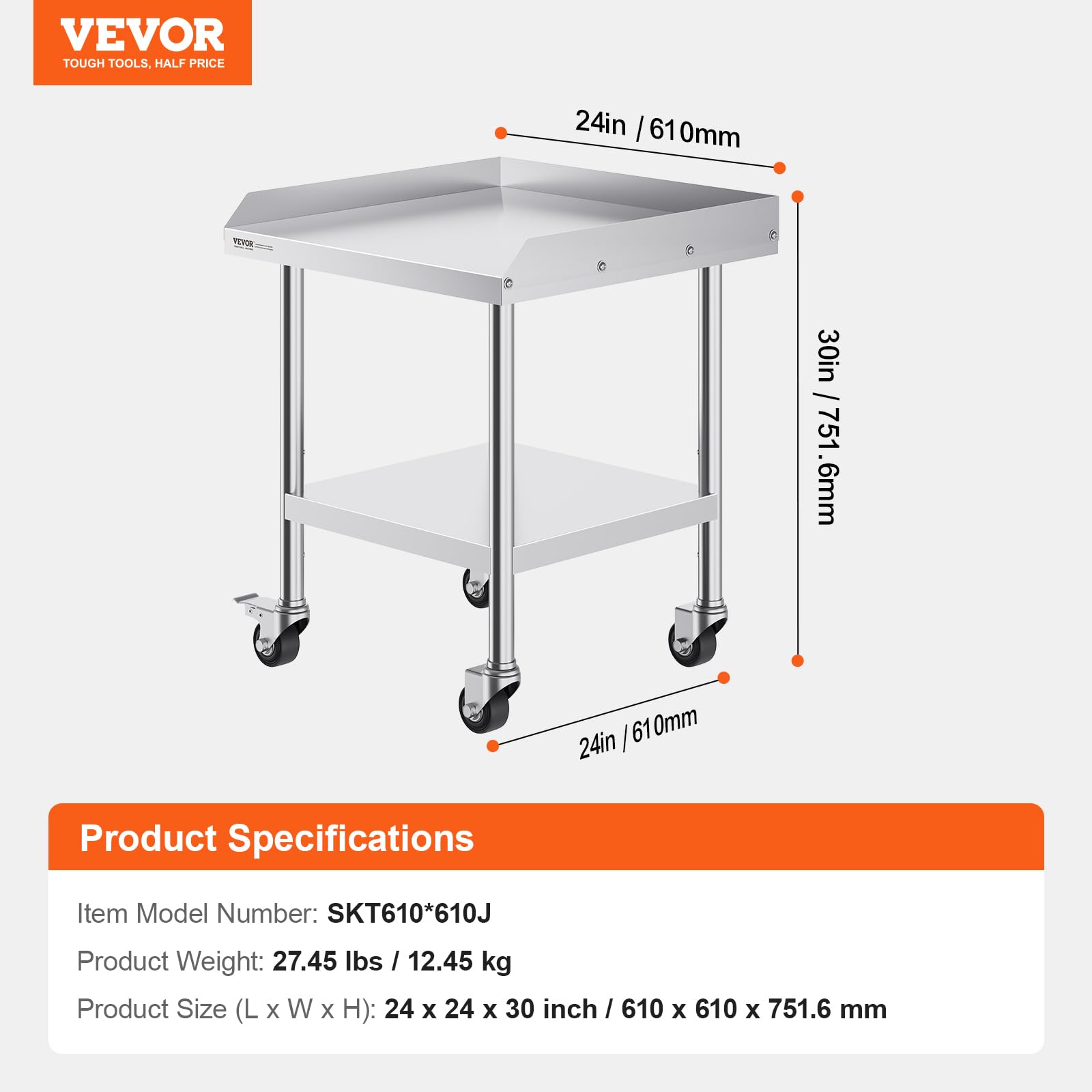 VEVOR Trabajo de Acero Inoxidable Mesa Comercial para Preparación de Alimentos con 4 Ruedas Salpicadero de 3 Lados 610x610x762 mm para Restaurante