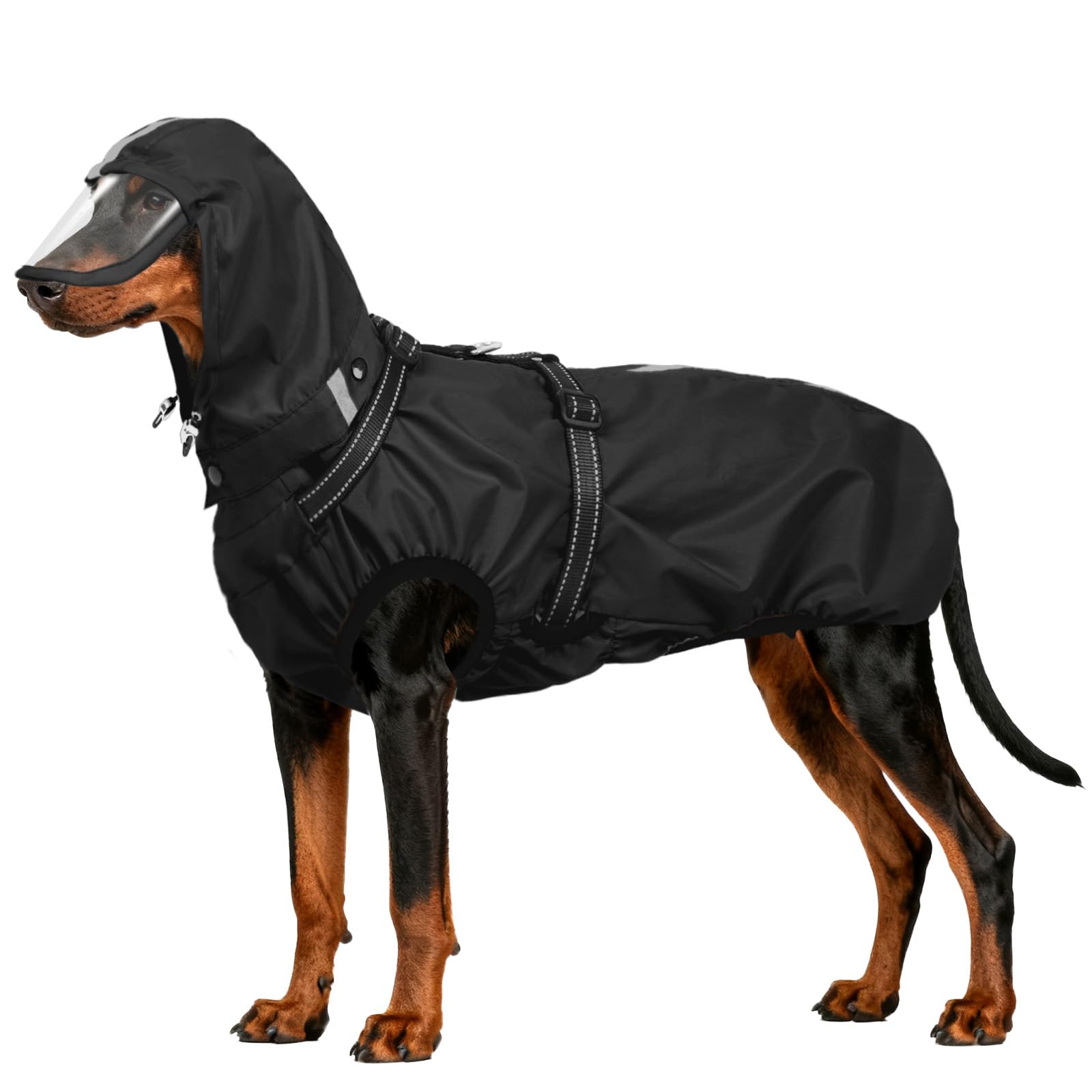 OUOBOB Dog Raincoat Waterproof, Rain Jacket with Reflective Strips, H-Harness (D-Ring) & Detachable Hood with Visor, Ideal for Medium/Large Dogs [Black, Size 3XL]