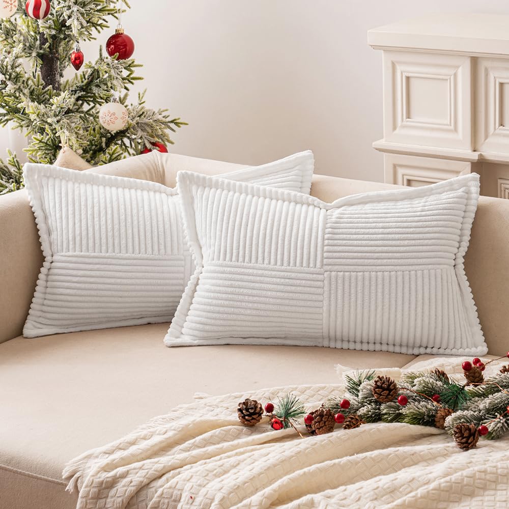 MIULEE Decorative Lumbar Throw Pillow Covers 12x20 Inch White 2 Pack | Boho Broadside Striped Patchwork Pillow Covers, Soft Corduroy Cushion Cases, For Couch Sofa Bed Livingroom Home Decor
