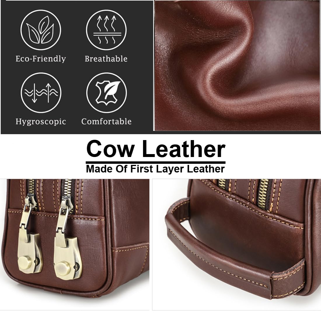 RC ROCKCOW Bolsa de aseo con cerradura codificada, para hombre, de piel auténtica, kit de afeitado, antirrobo, cartera de negocios, organizador de bolso de mano, Café, Cerradura codificada