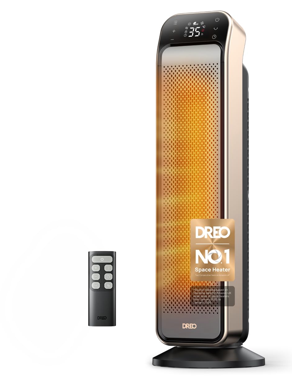 Dreo Space Heater for Indoor Use, 63.5 cm 3.5 m/s Fast Electric Heater with Remote and Thermostat, 3 Modes, Overheating & Tip-Over Protection, Portable Heater for Large Room, Bedroom, Office, Gold