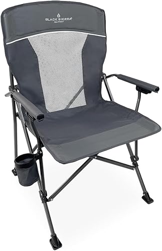 Black Sierra Silla de camping con respaldo ventilado con brazos duros acolchados, silla de camping plegable para exteriores, silla de playa portátil