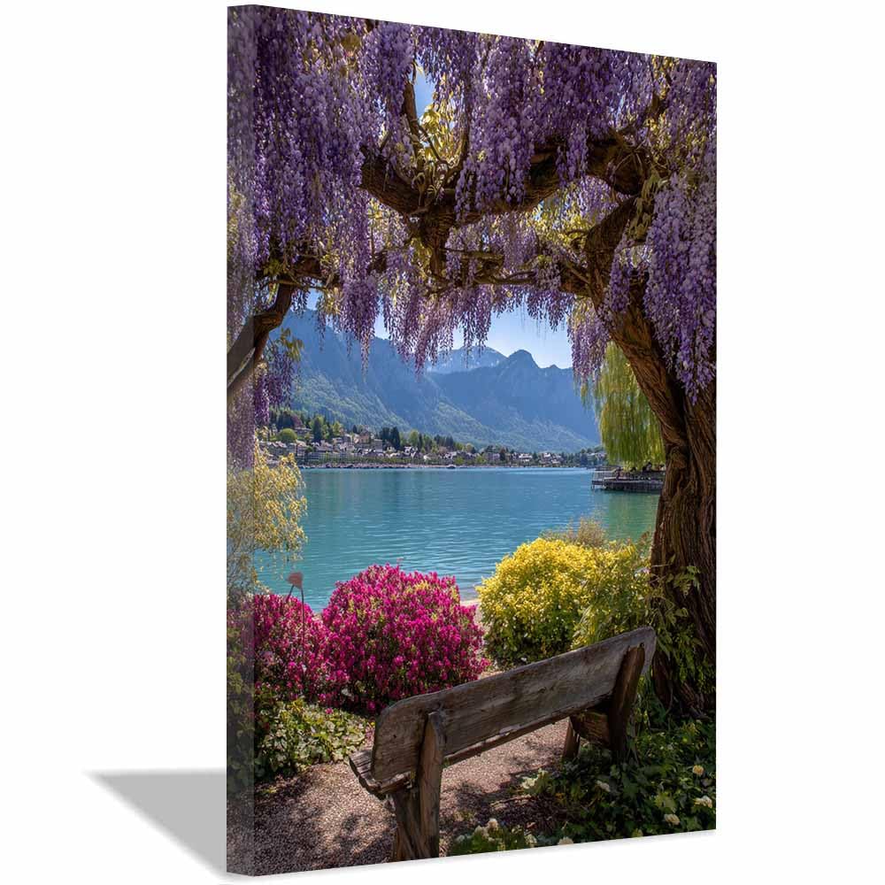 XENIOU landscape poster Wisteria Lake Bench modern canvas wall art, decorative paintings, canvas painting wall art for Home Decor.(Multicolor)-60x90cm Framed