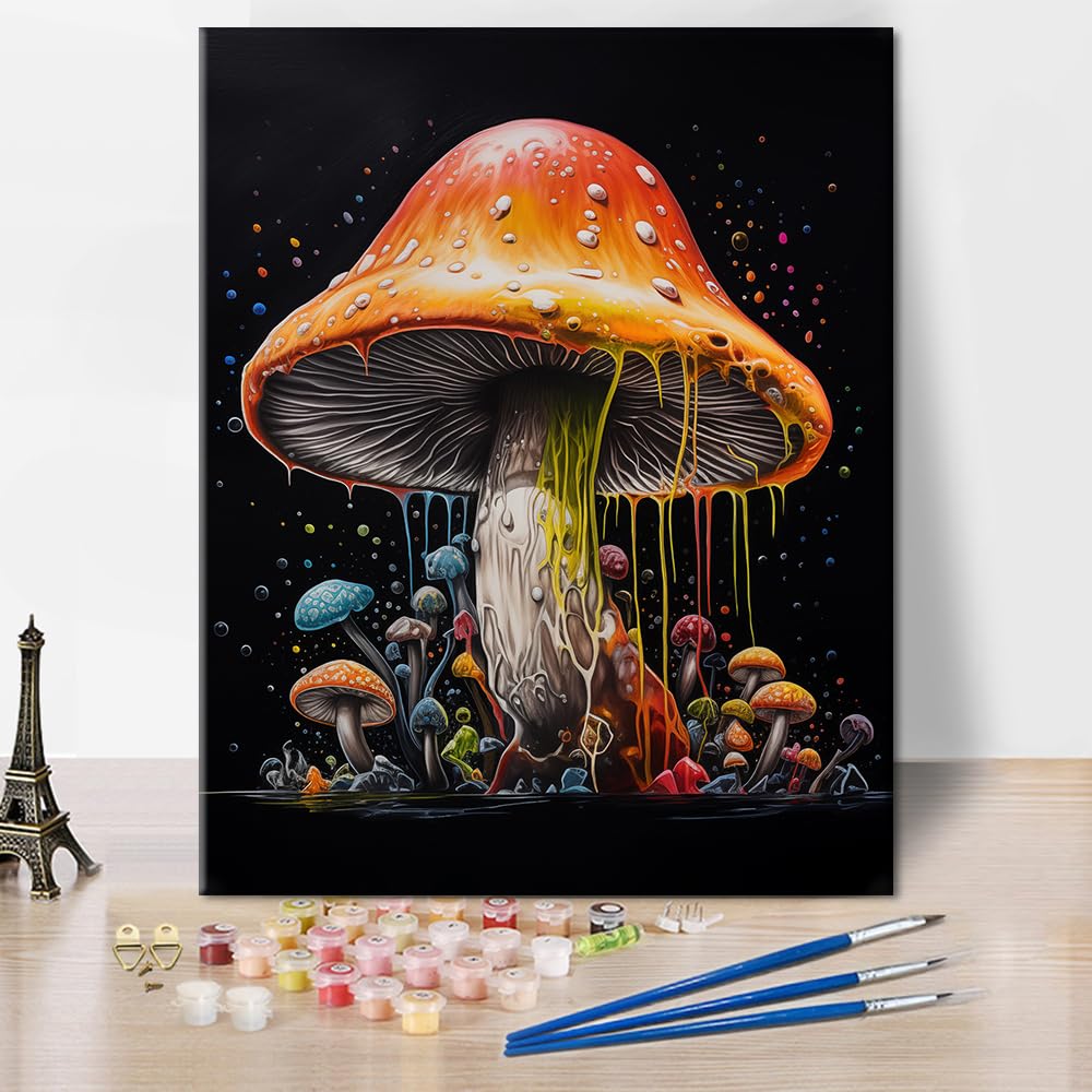 Rebotipy Paint by Numbers for Adults and Kids Beginner,3D Large Mushrooms with Paint Dripping Painting by Number Kits On Canvas,DIY Oil Painting Acrylic Paints, Home Wall Decor 16x20inch