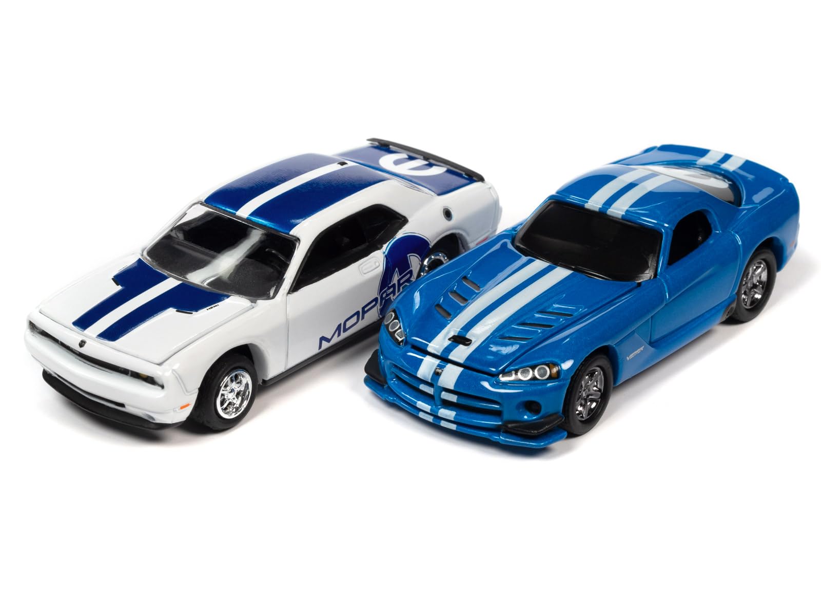 2014 Challenger R/T White with Blue Stripes & Graphics & 2008 Viper SRT10 Blue Metallic with White Stripes Set 2 Cars 2-Pack 2023 Release 1 1/64 Diecast Model Cars by Johnny Lightning JLPK020-JLSP319A