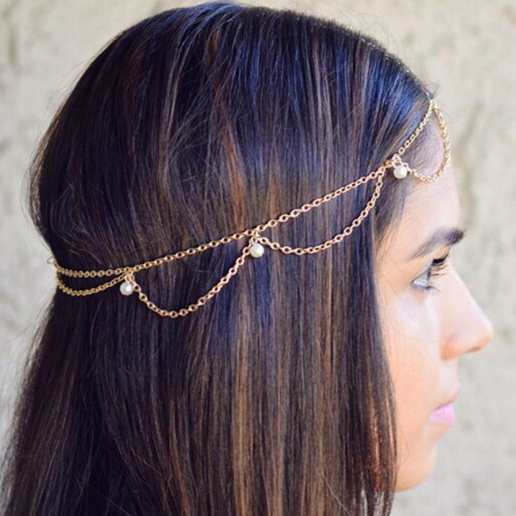 Shidara 1 Pcs Premium Gold Head Chain Pearl Pendant Hair Piece Bead Gorgeous Hair Chain Elegant Head Piece Charming Wedding Prom Bridal Jewelry Accessories for Women