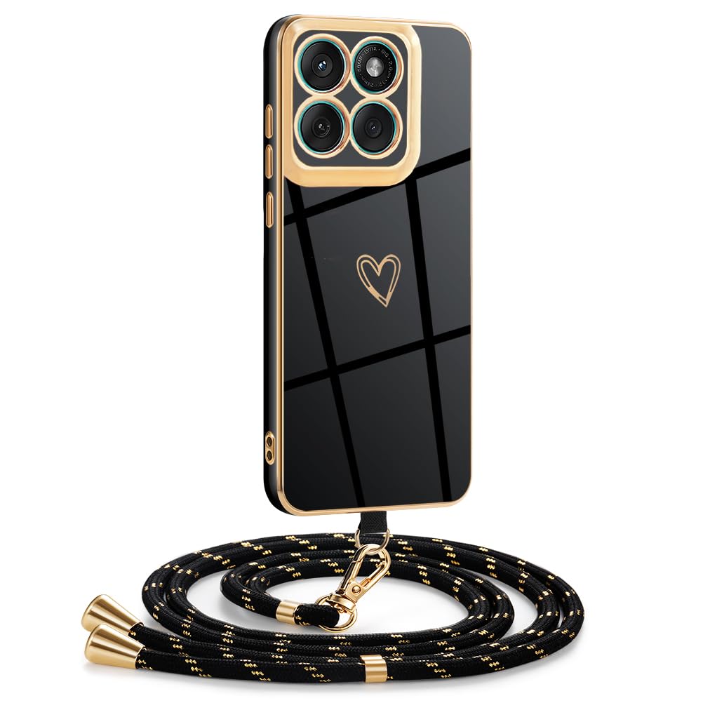 Cover Per Motorola Edge 60 Pro Con Cordino Regolabile – Custodia In Silicone Placcata Oro Con Tracolla Staccabile E Design Cuore Amore