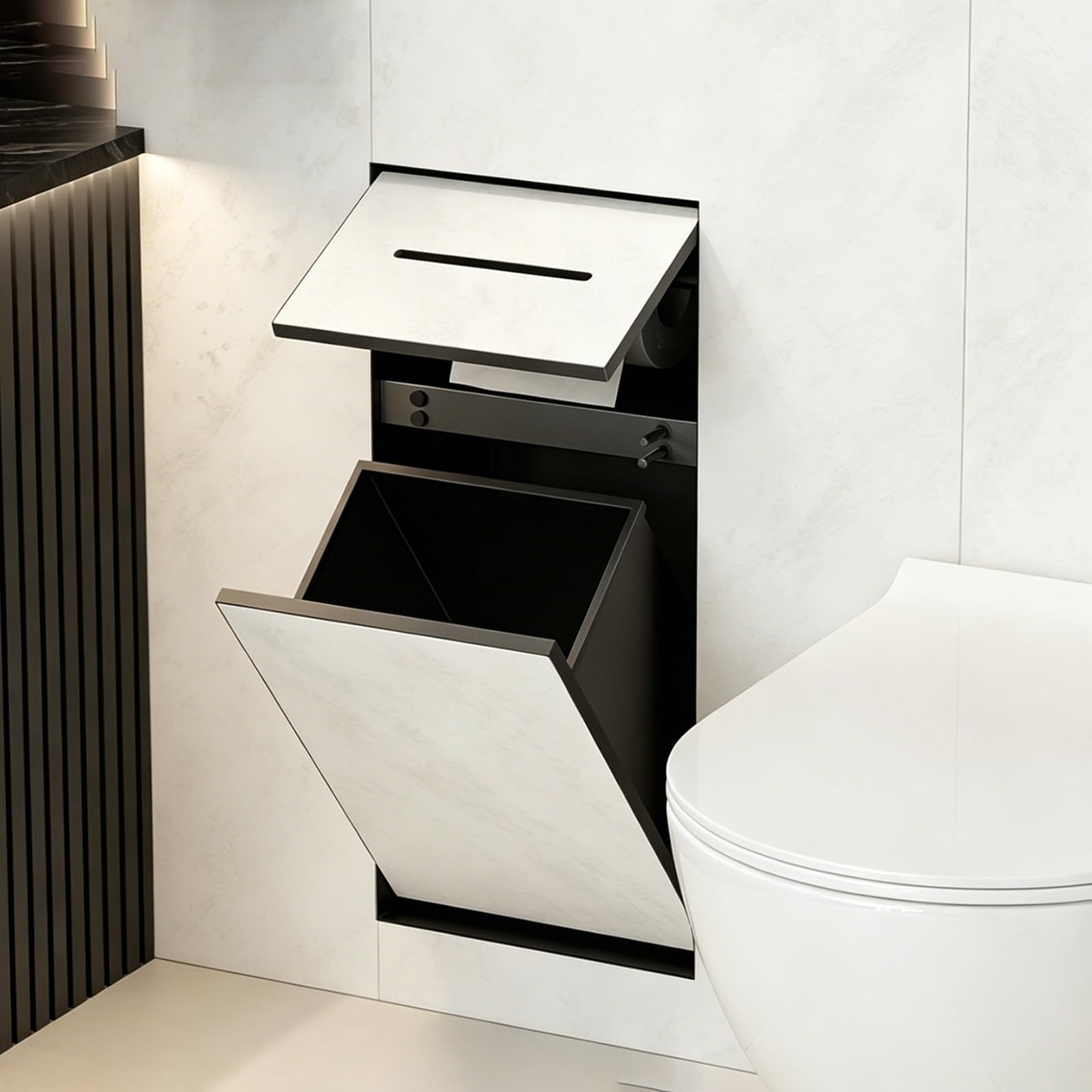 Space-saving Slim Trash Can - Removable Inner Bucket, Hidden Recessed Toilet Roll Holder for Bathrom/Restroom, Black Tileable Shower Niche Wall Insert(24x14x50cm)