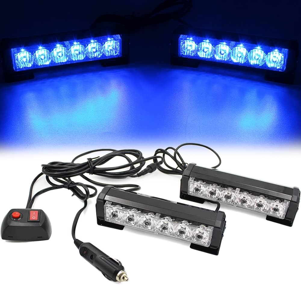 FOXCID 2 X 6 LED 9 Modes Traffic Advisor Emergency Warning Vehicle Strobe Lights for Interior Roof/Dash/Windshield/Grille/Deck Universal Waterproof (Blue)