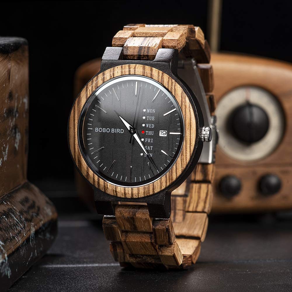 BOBO BIRD Herren-Armbanduhr aus Holz, analog, Quarz, mit Wochenanzeige, leicht, handgefertigt, Holz-Armbanduhr für Herren