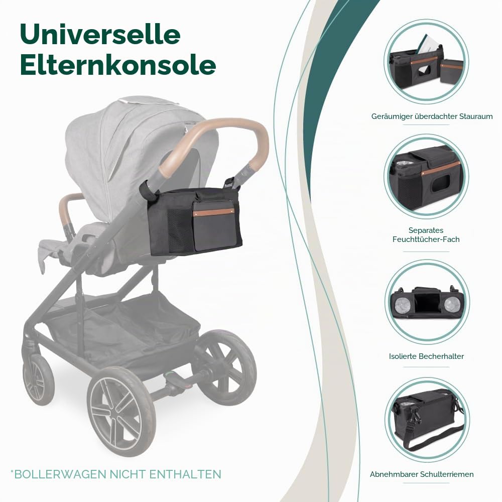 WONDERFOLD Kinderwagen-Organizer mit isolierten Getränkehaltern, Klettverschluss-Griffbefestigung, 2 Aufbewahrungstaschen und abnehmbarem Schultergurt für einfachen Transport