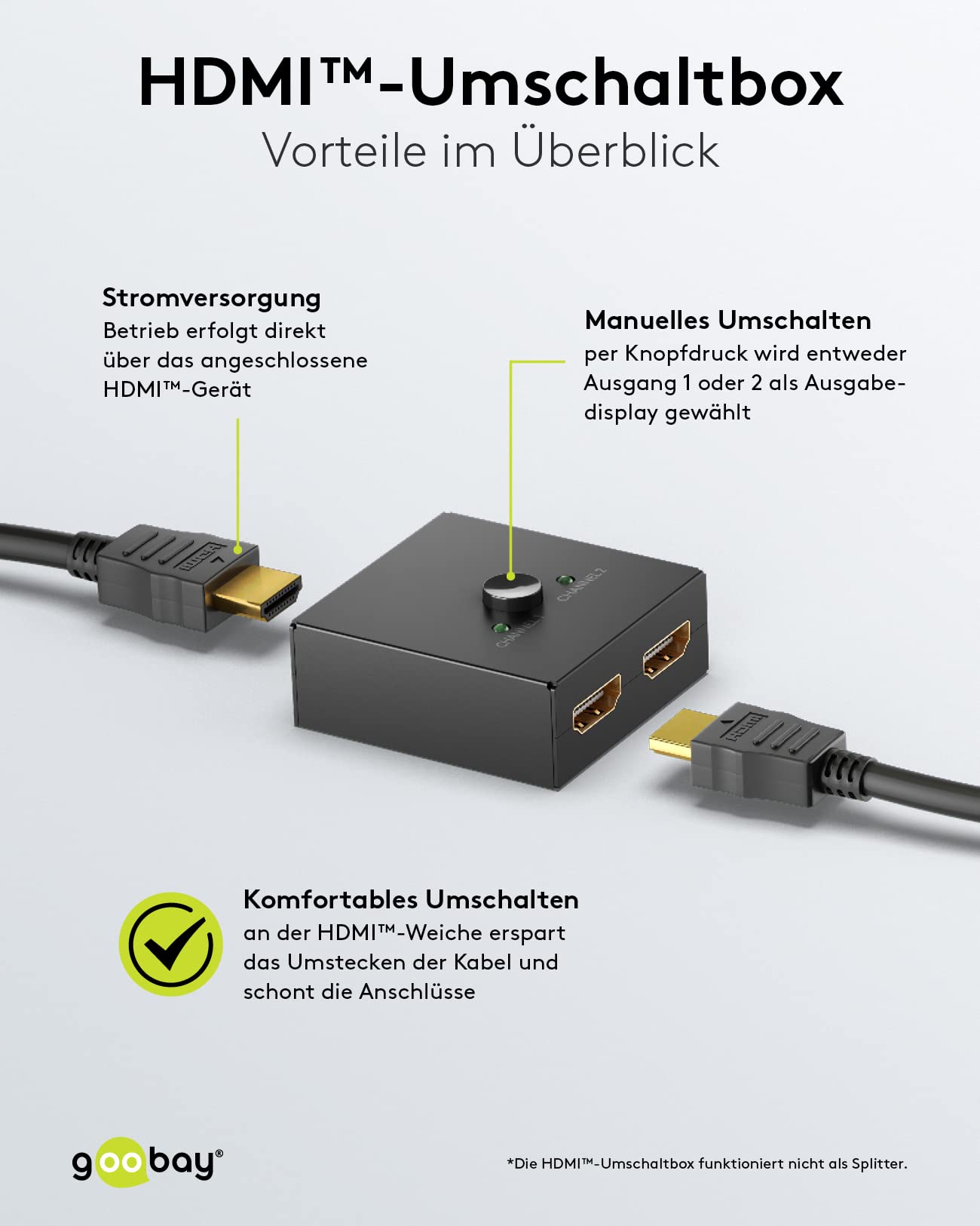 goobay 58485 HDMI Switch 2 w 1 Out/4K przy 30 Hz (2160p) HDMI rozdzielacz/HDMI 1.4 przełącznik do PS4, PS5, laptopów lub monitorów