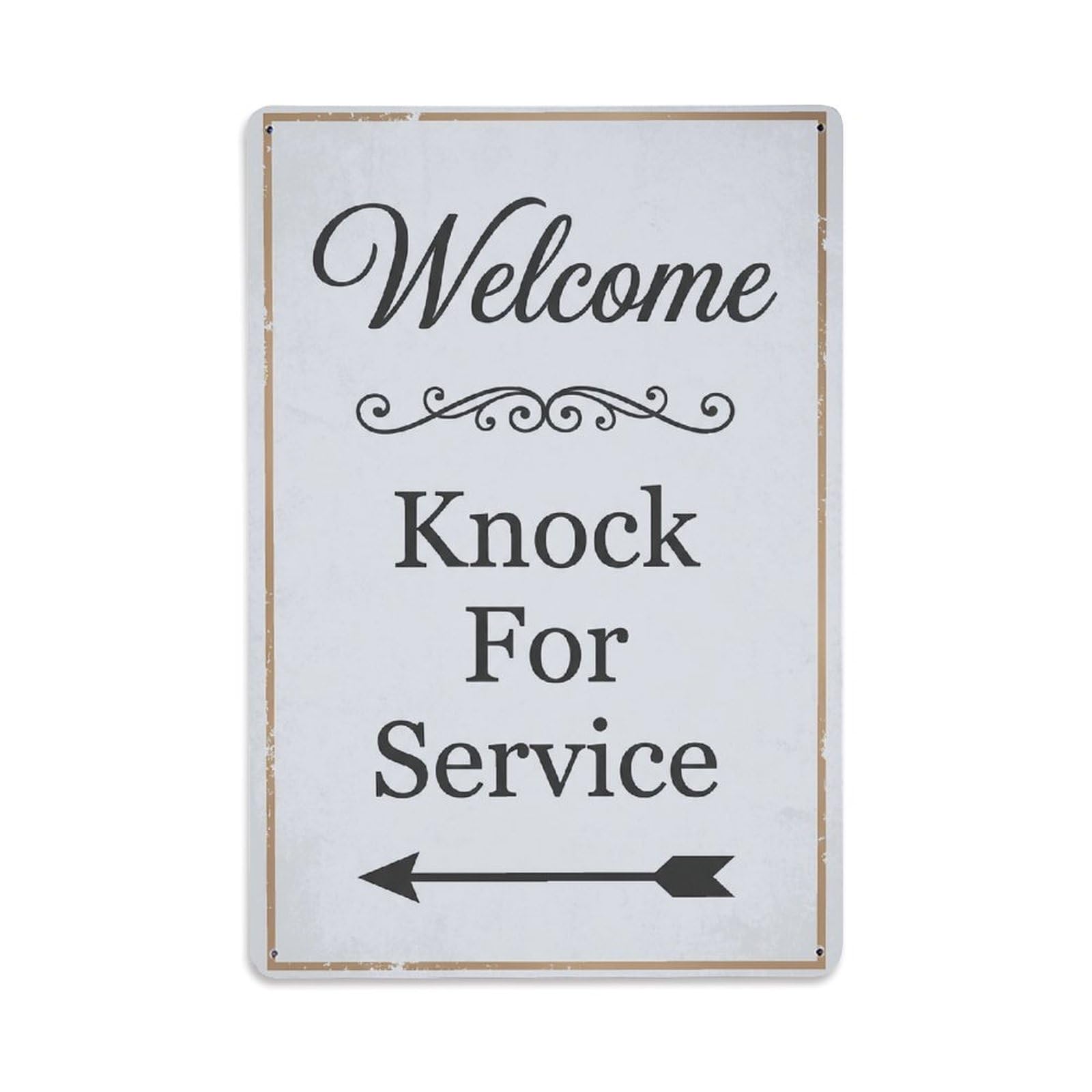 Vintage Welcome Knock For Service Arrow Scroll Metal Tin Sign