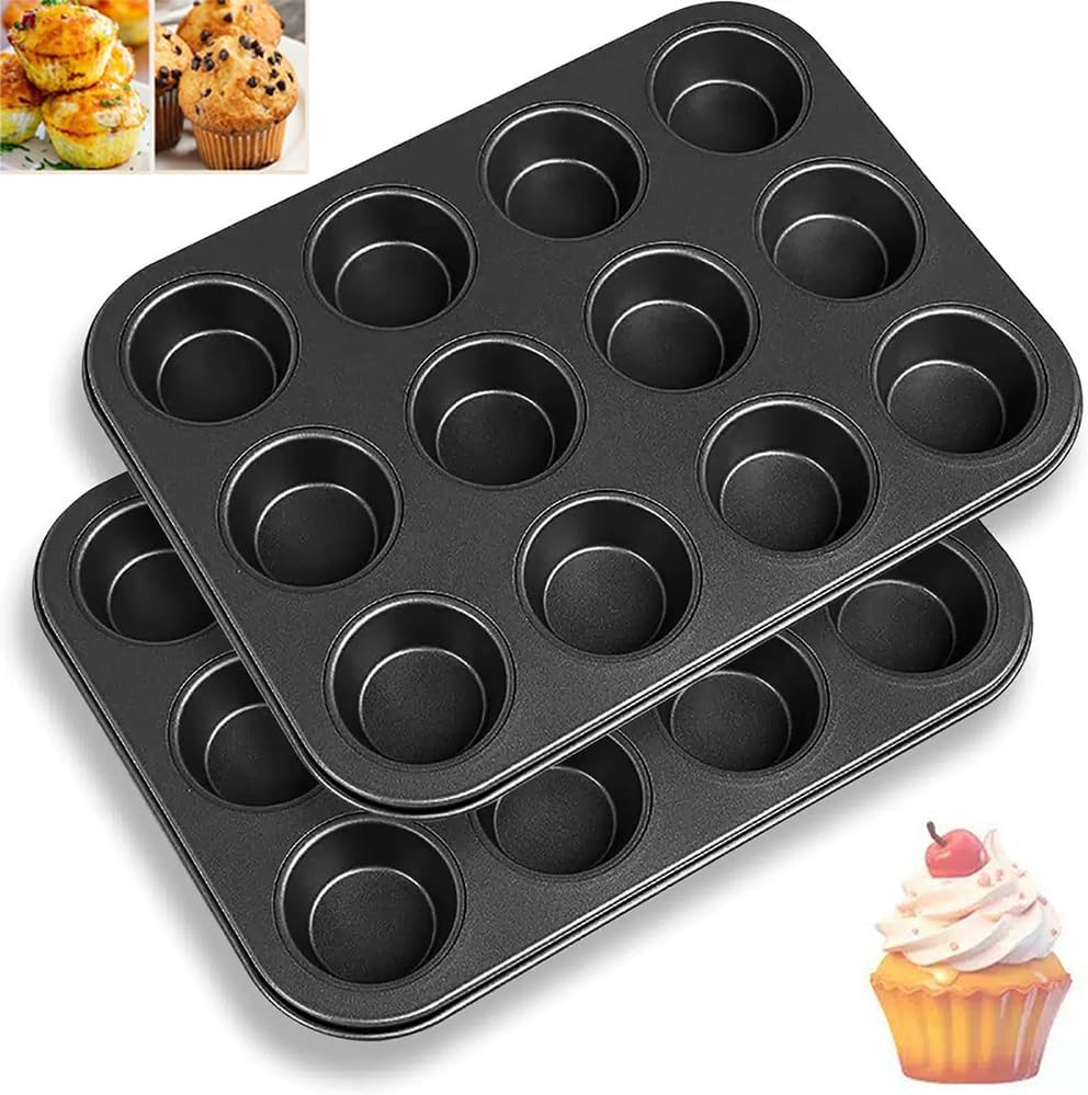 2 Pack 12 Cups Muffin Pans, Premium Carbon Steel Non-Stick Cupcake Pan Baking Mold for Baking, Perfect Baking Pans for Muffin Cake, Dishwasher Oven Safe (Grey) - Thumbnail 2