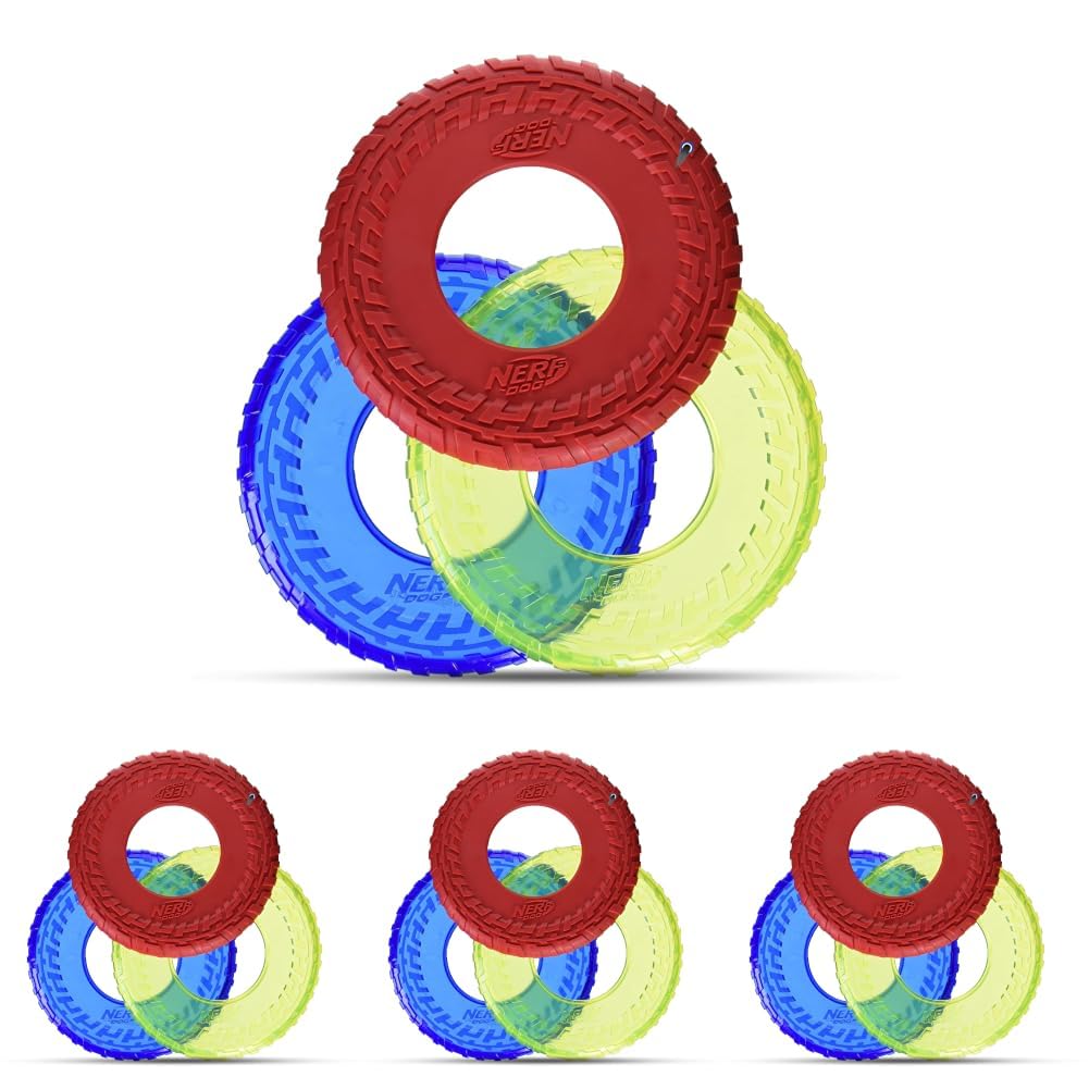 Nerf Dog Tire Flyer Dog Toy Gift Set, Flying Disc_Dog Fetch Toys, Rubber_Dog Toy for Medium_Dogs and Large Dogs, Red, Translucent Green and Translucent Blue, 10 Inch (Pack of 12)