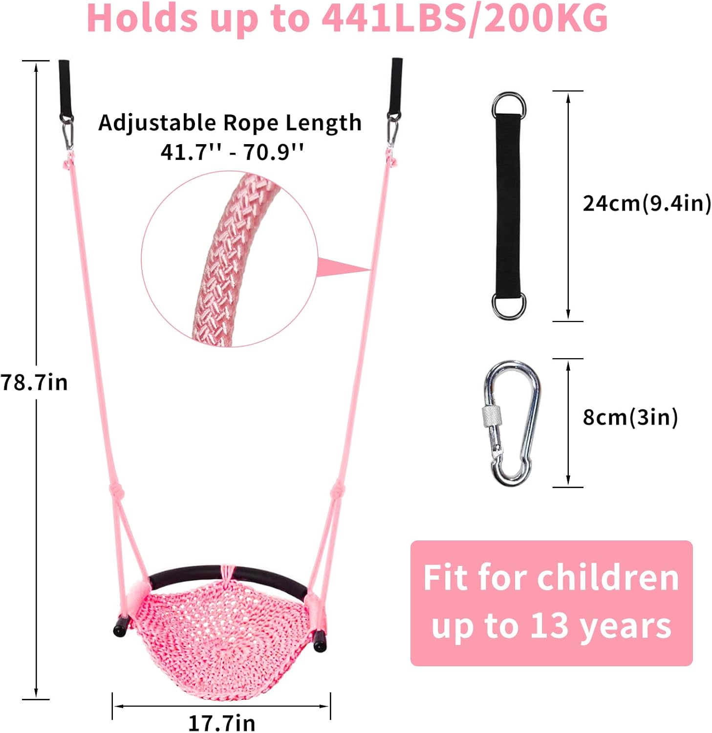 Hi-Na Tree Swing for Kids, Adjustable Toddler Rope Swing Seat with Snap Hooks and Straps, 440 lbs Capacity, Swingset Accessories for Indoor Porch Doorway Outdoor Playground Backyard (Pink)