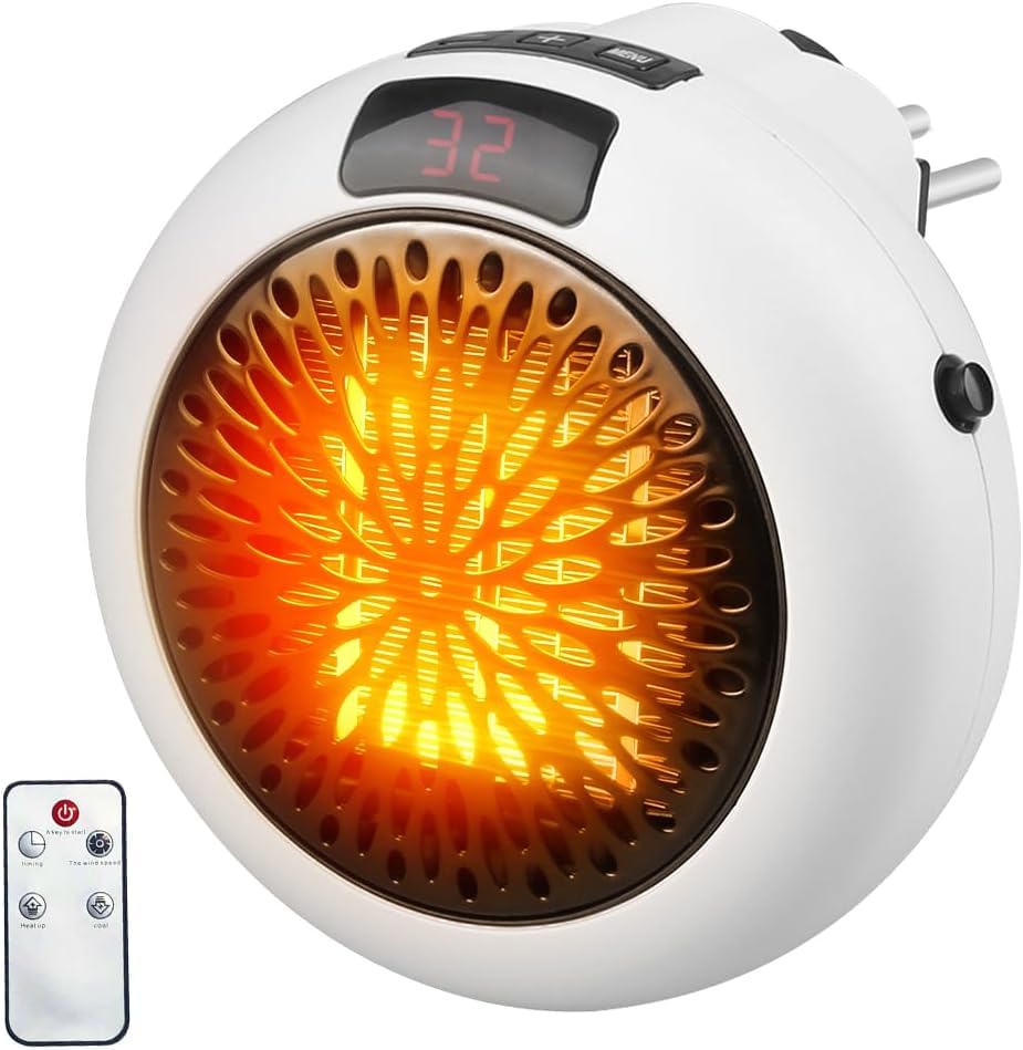 Mini Estufa Calefactor Eléctrico de Enchufe, 900W Calefactor Cerámico de Enchufe con Control Remoto Calefactor Enchufe con Temporizador de 12h y Pantalla Calentador de Enchufe para Baño (Blanco)