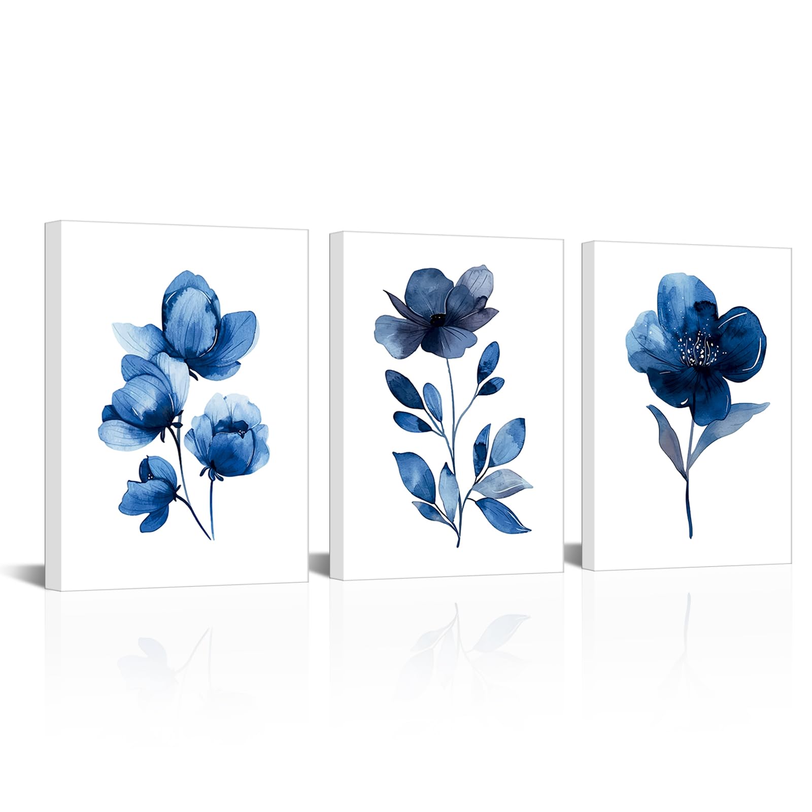 LyerArtork 3 Piece Navy Blue Flower Wall Art Canvas Prints Rustic Floral Botanical Watercolor Painting White and Blue Artwork Wall Decor for Bathroom