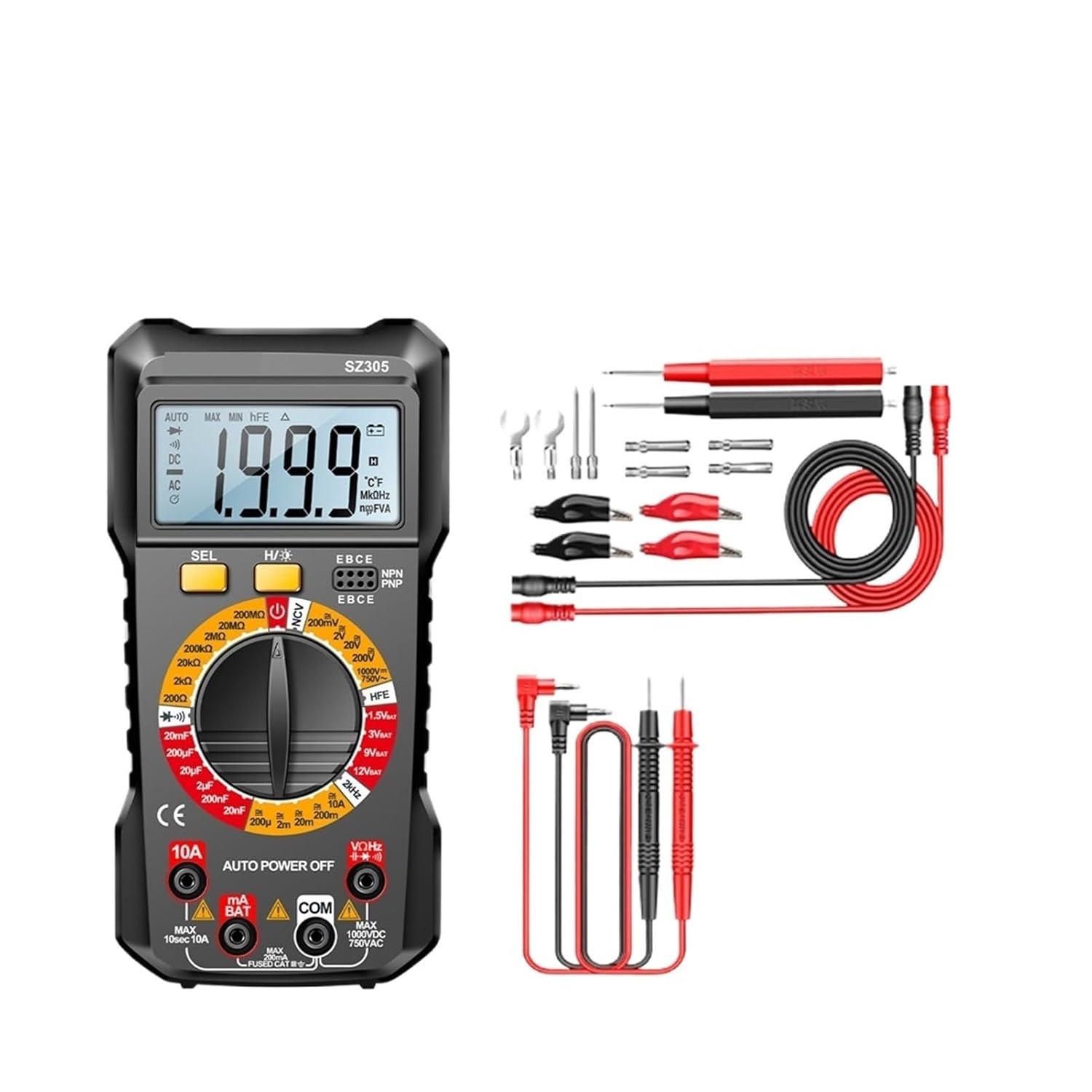 Universal Meter SZ305 Digital Multimeter Professional AC/DC V Ammeter Capacitor HFE Triode NCV Induction Electrician Tester Digital Universal Meter(SZ305 Black Pro)
