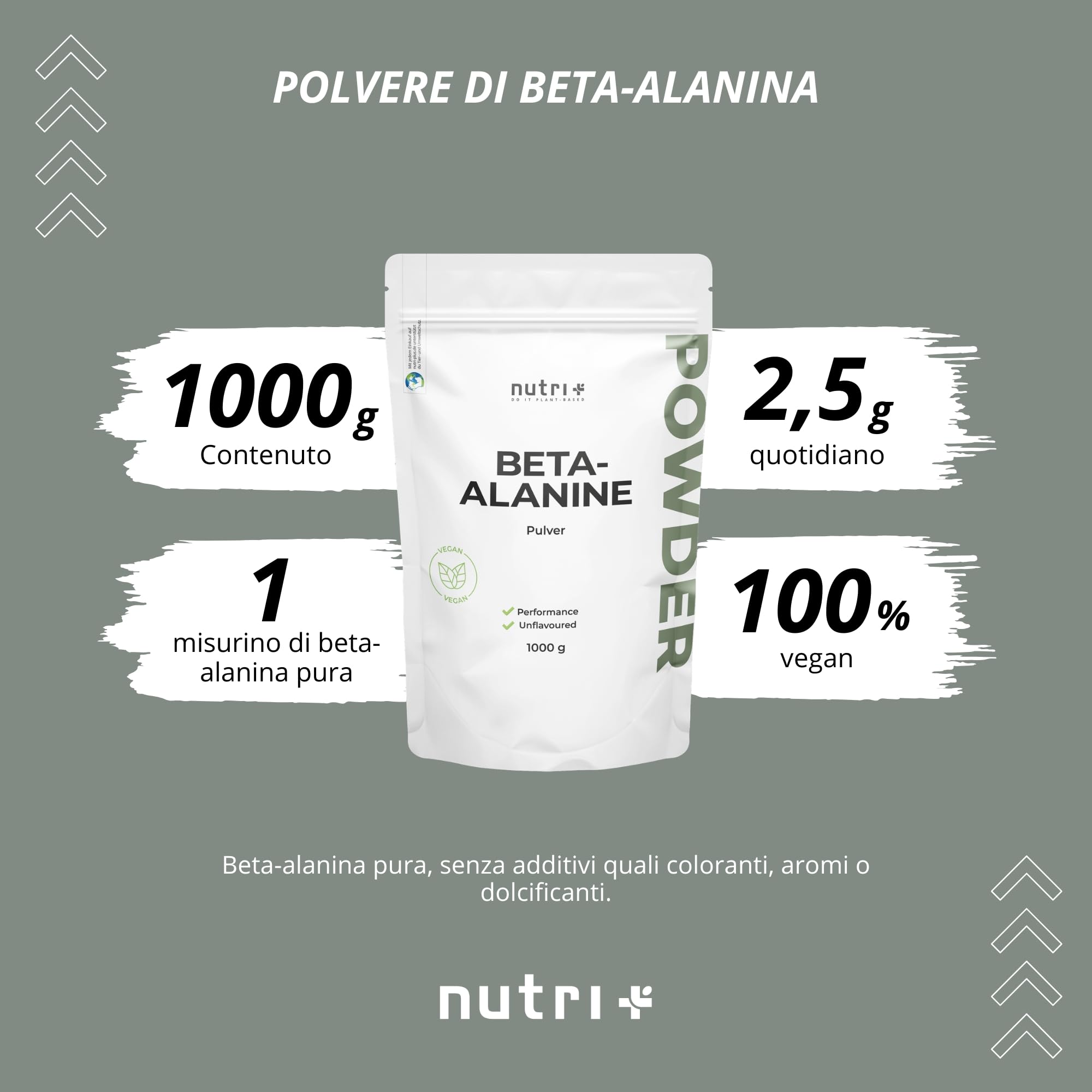 Nutri + Beta Alanina in Polvere 1 kg - vegana pura ad alto Dosaggio e senza Additivi - Booster pre-Allenamento - ß Alanine vegan Powder - Energizzante Sport 1000 g