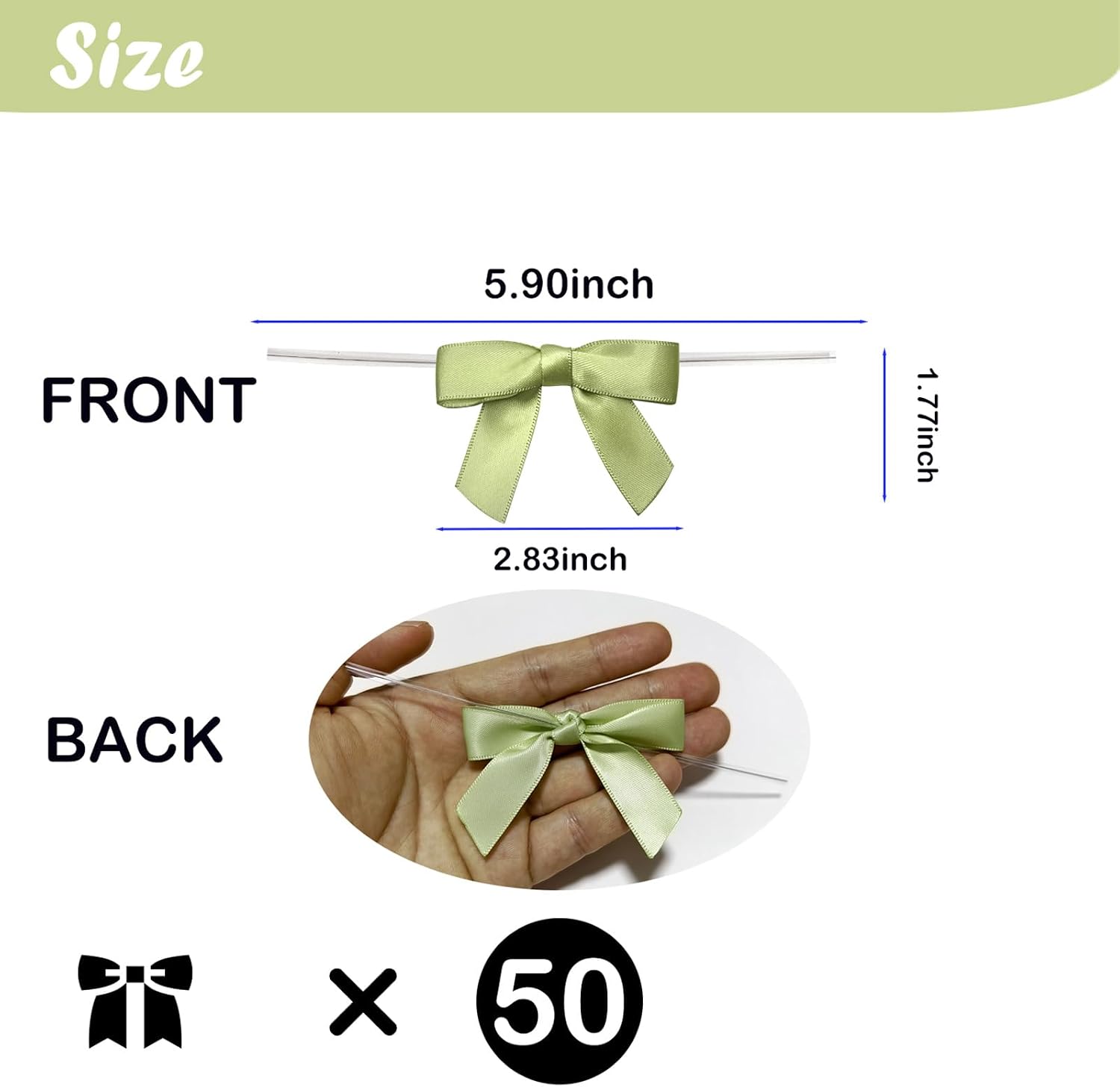 50 Pack Satin Twist Tie Bows for Gift Bags & Wedding Deco,2.5 Inch Pre-Tied Ribbon Bows for Gift Wrapping, Birthday & Party Event Decorations (Light Green) image 2