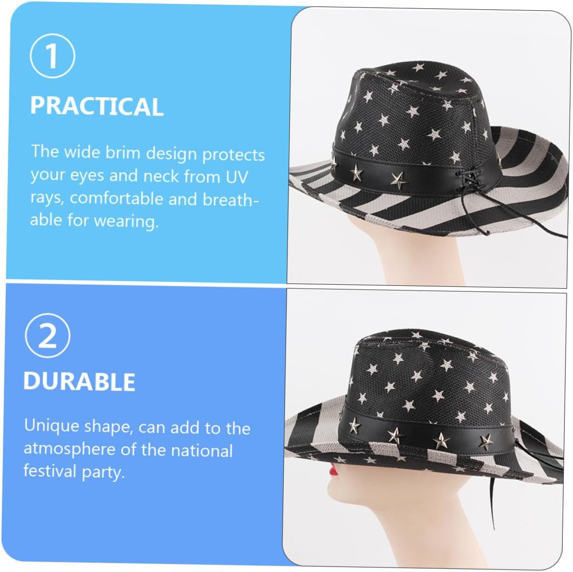 Hemoton Vintage Flag Straw Cowboy Hat Unisex Outdoor Sunshade Hat Black Stripe Multi-Functional for Men and Women
