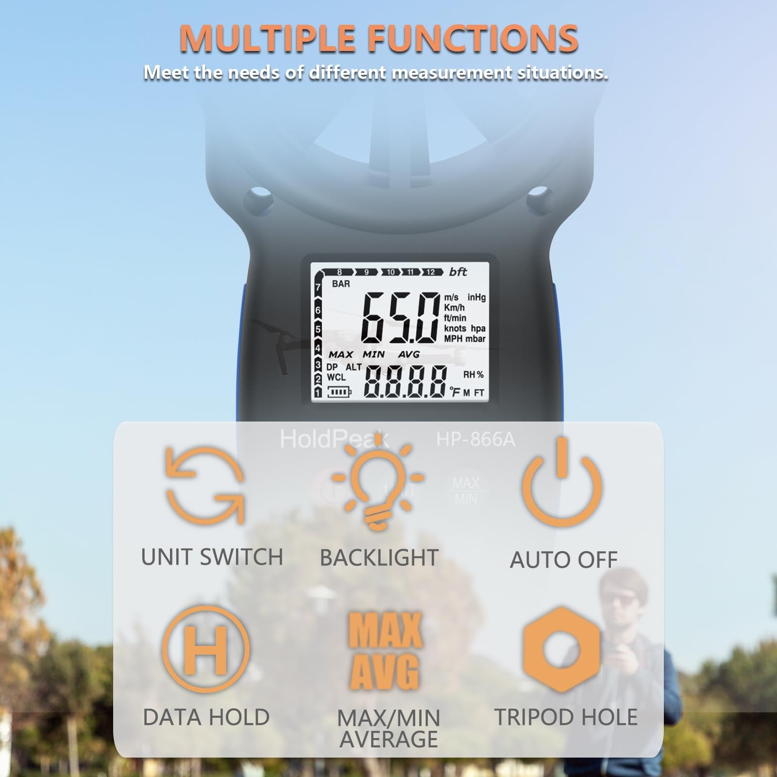 HoldPeak Anémomètre Digital Portable 866A, Anémomètre VMC m3/h avec Mémorisation Des Données, Mesure Débit et Vitesse Du Vent d'air et Humidité, Exportation via USB
