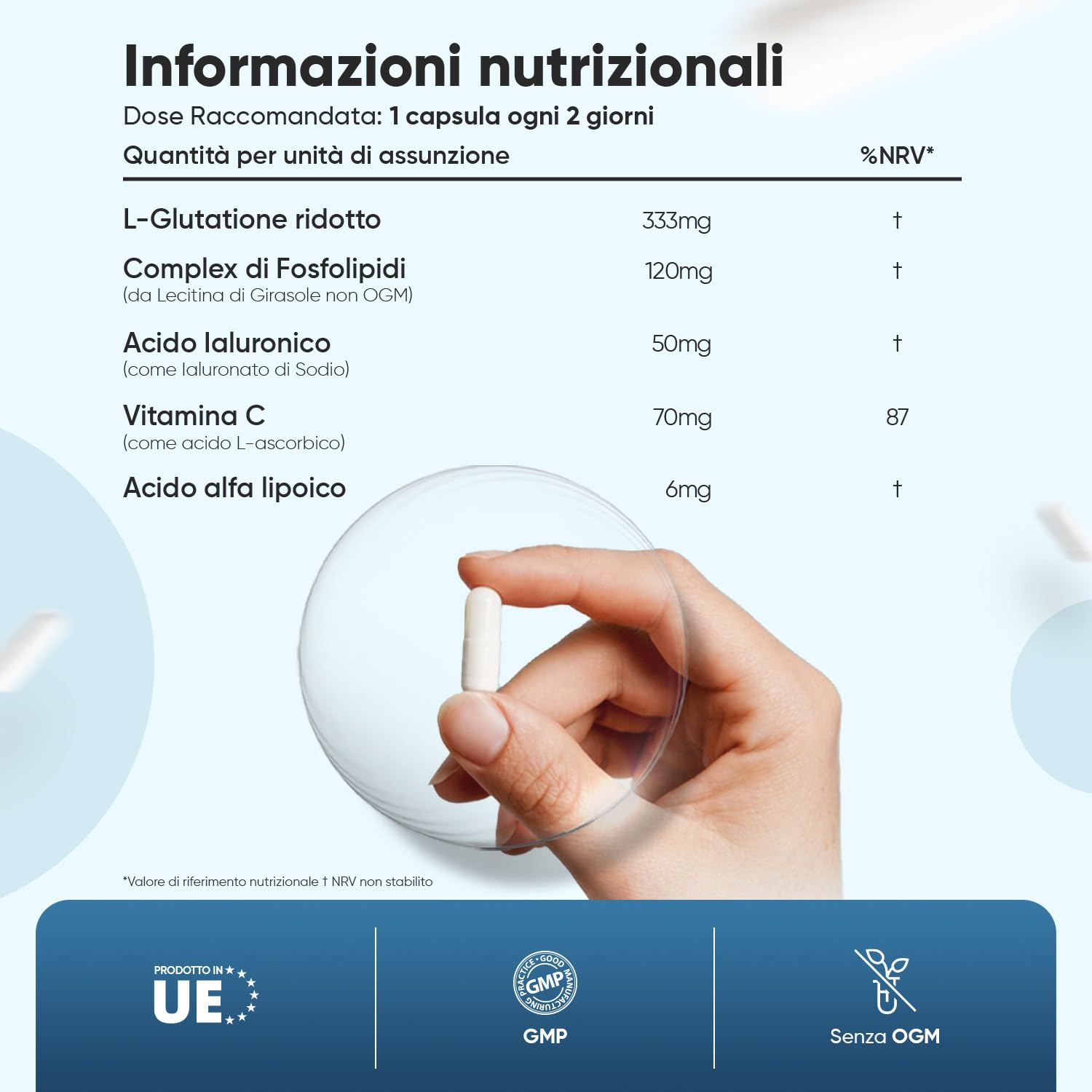 Glutatione Liposomiale Ridotto, 90 Capsule Vegane, Vitamina C, Acido Alfa Lipoico, Acido Ialuronico, La Vitamina C Contribuisce Alla Protezione Delle Cellule Dallo Stress Ossidativo (EFSA), Senza OGM
