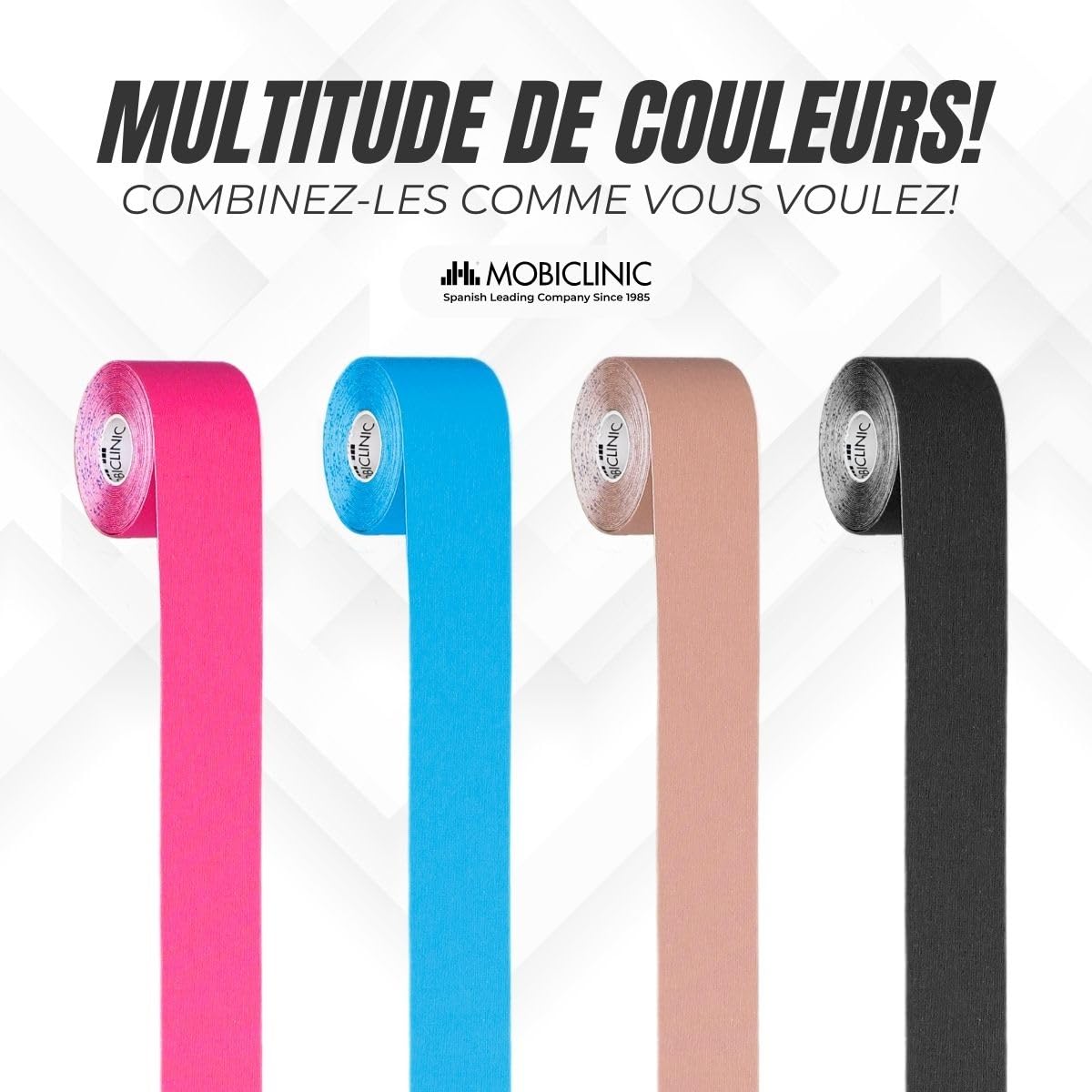 Mobiclinic®, Pack 12 rouleaux bande kinesiologie, Neuro-musculaire adhésive, De 5m x 5cm, Sport tape, Soulagement des douleurs musculaires, Kinesiotape, Face (Noir)