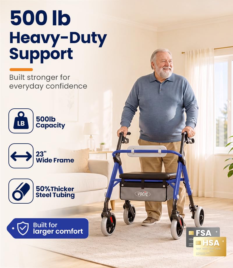Image of VOCIC Z11 Rollator Walkers for Seniors with Seat, 500 LBS Load, Ultra Wide | High-capacity support, 23 inch wide frame, ergonomic seat, dual brakes, and slim fold for home, shopping & daily walks, Blue