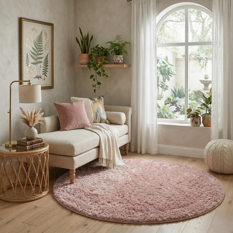 Image of Plain Fur Rugs Bedroom Home Drawing Room Kitchen Rectangle 9x9 Feet Round Peach Pink