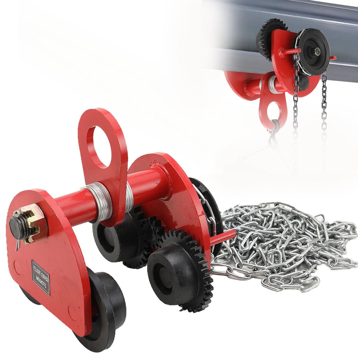 Rollfahrwerk 2000 kg Flanschbereich 80-168 mm Krankatze Laufkatze Handfahrwerk für Kran mit 3 Meter Kette, Rot