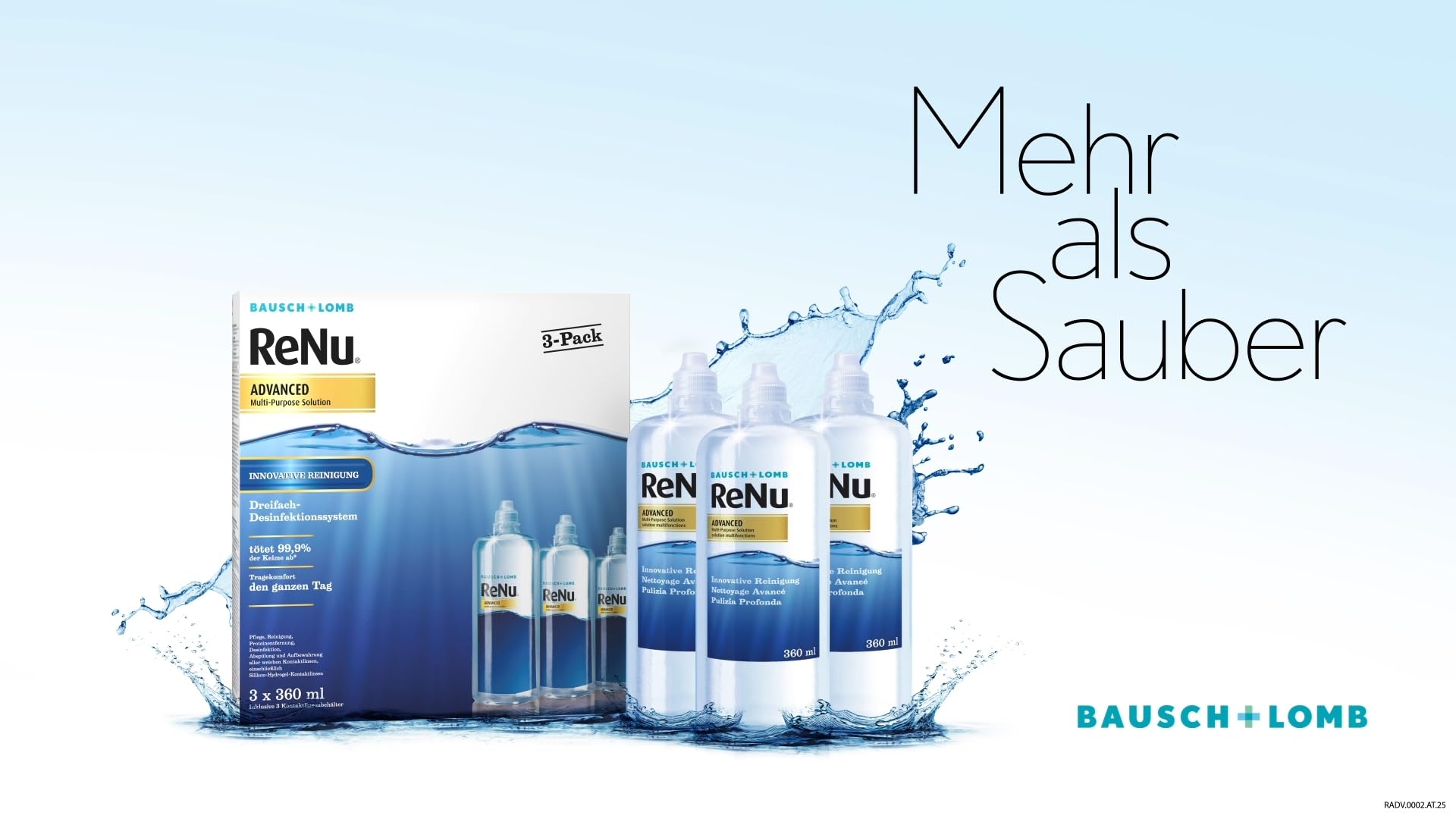 Bausch + Lomb ReNu Advanced Kombilösung mit 3fach Desinfektion - Kontaktlinsenreiniger, Aufbewahrungslösung, für weiche Linsen, 3er Pack 3 x 360 ml