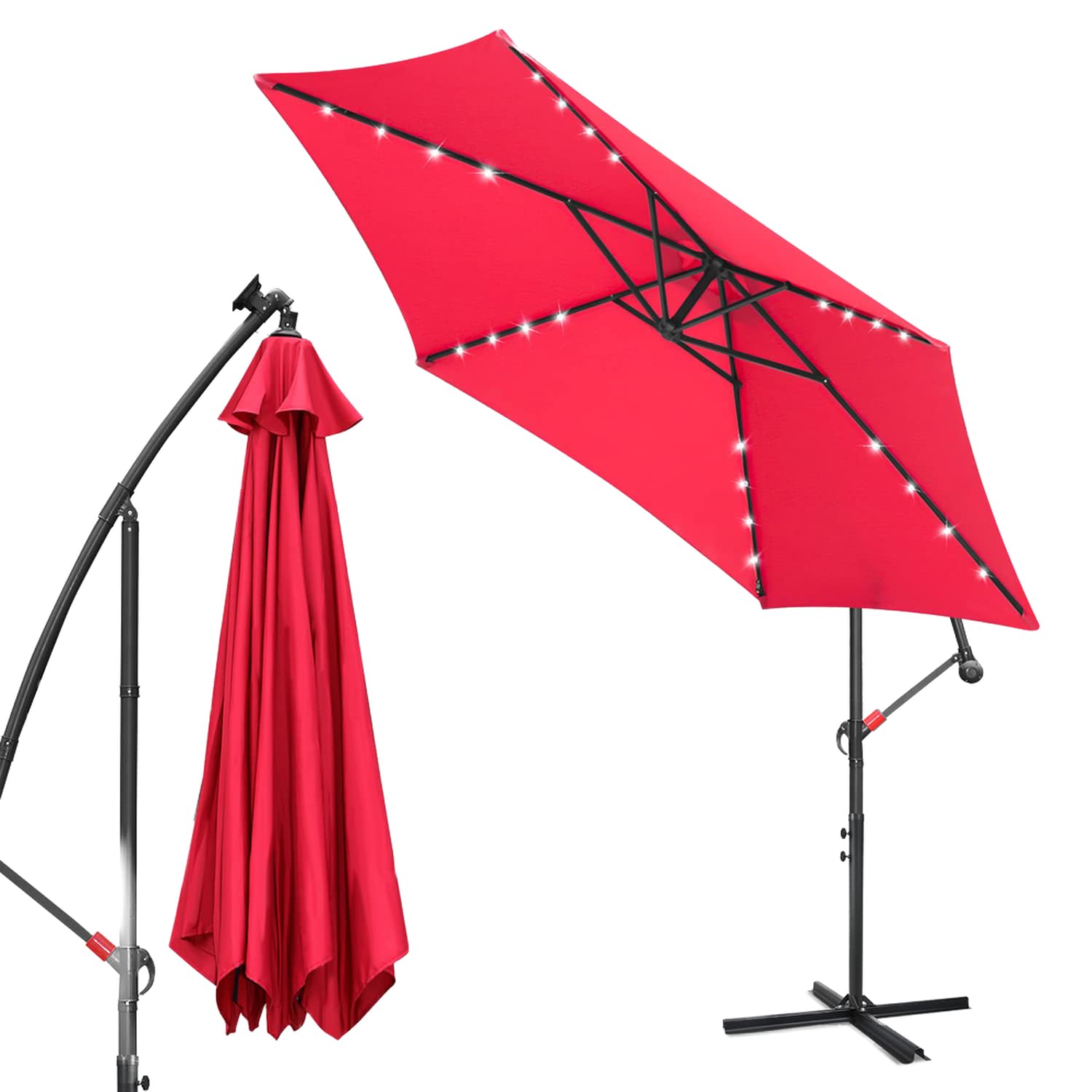 Aluminiowy parasol przeciwsłoneczny z ochroną UV 40+, z oświetleniem LED, solarny, do ogrodu, z regulacją wysokości, składany, czerwony, 3.5m